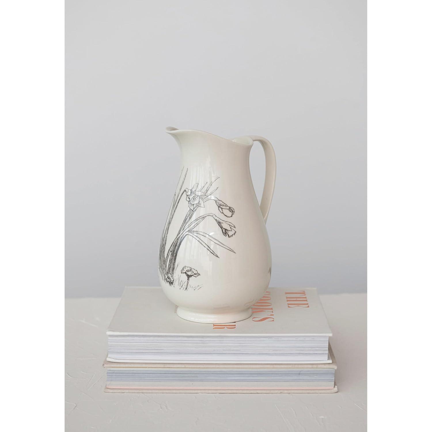 Creative Co-Op 6.5 Inches 2-Quart Stoneware Pitcher with Flower Design, White and Charcoal