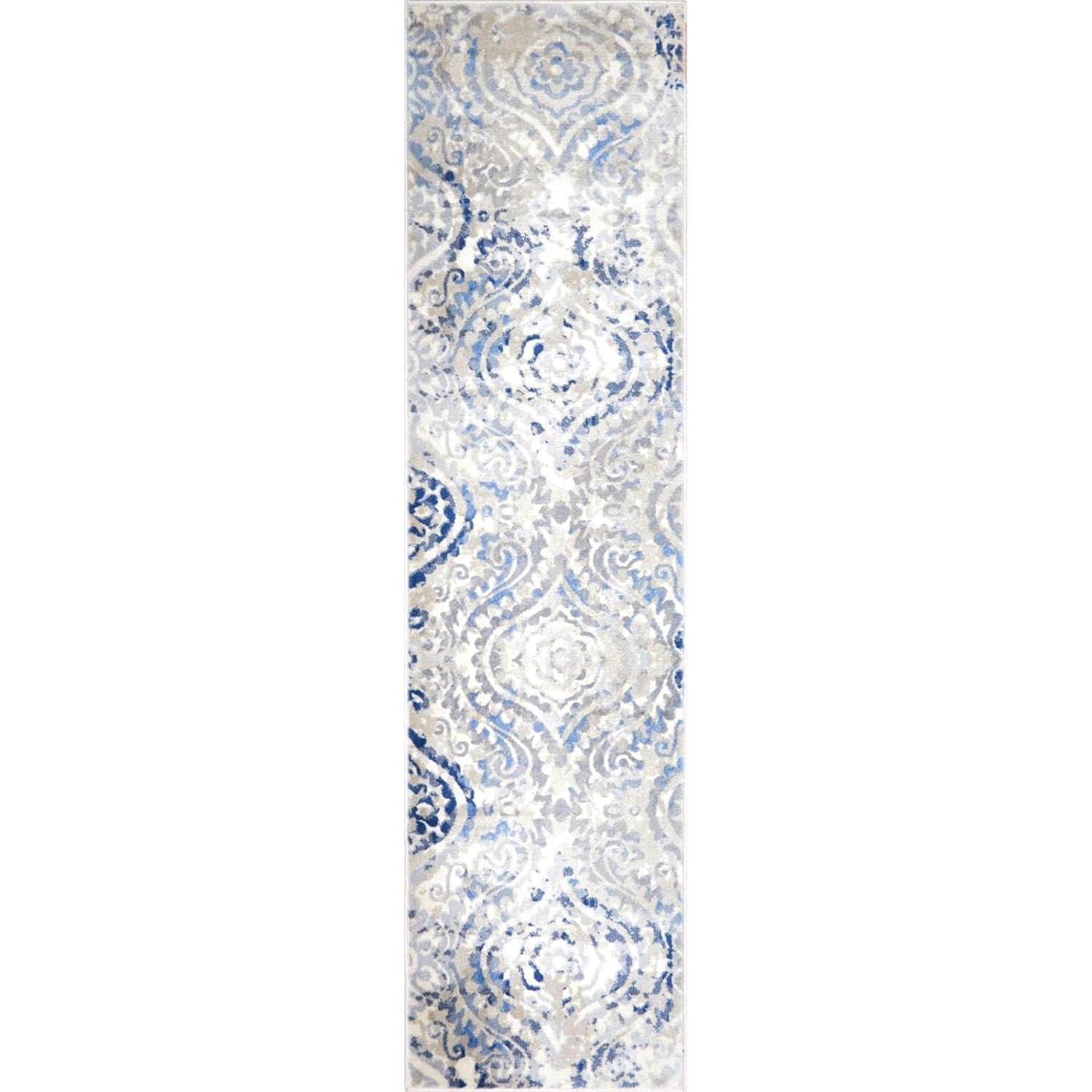 Home Dynamix Melrose Audrey Ogee Damask Runner Area Rug, Ivory/Blue, 1'8"x7'2"