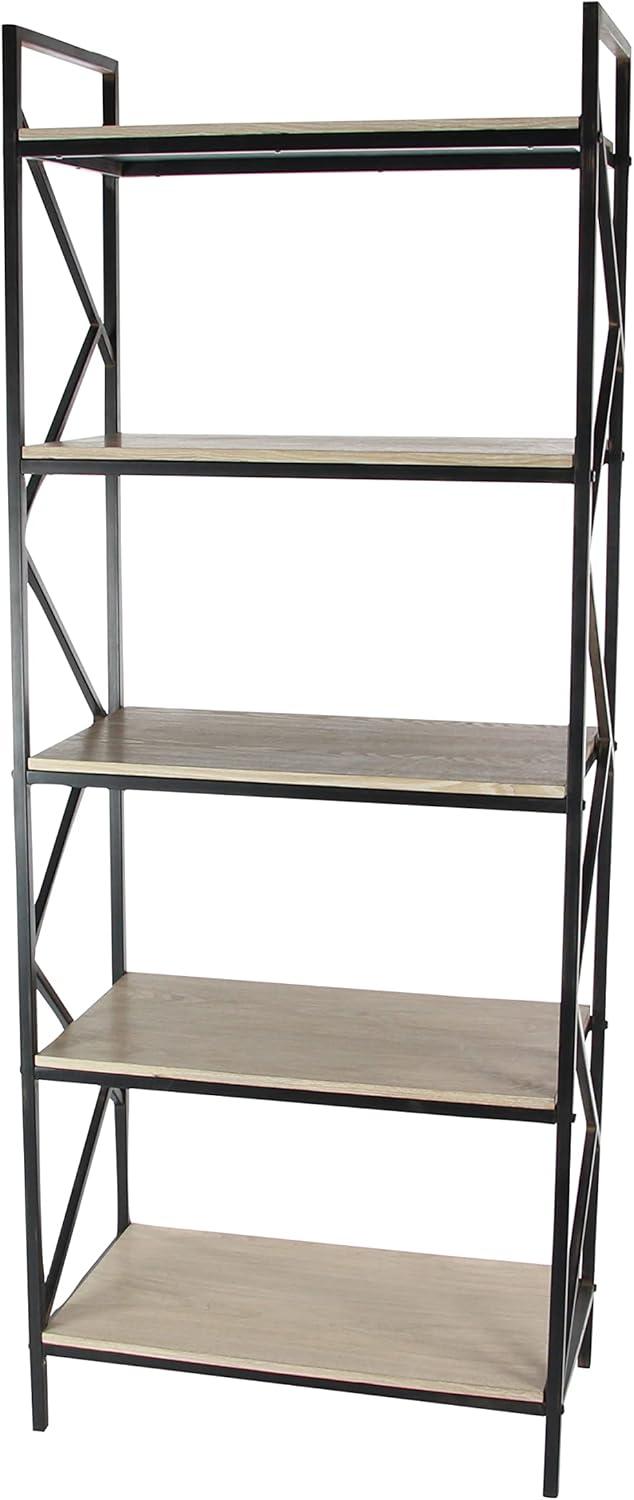 DecMode 29" x 74" Brown Wood 5-Tier Shelving Unit with Black Metal Frame, 1-Piece