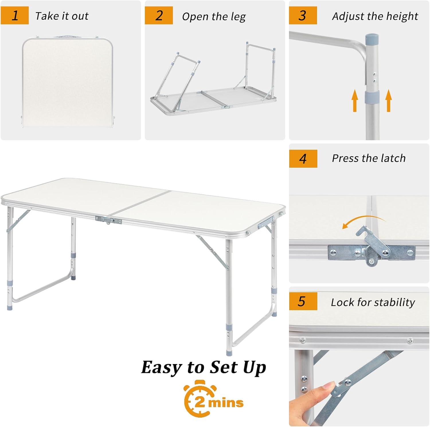 saney 4ft Portable Folding Camping Table, Outdoor Waterproof Adjustable Height Table, Aluminum Lightweight Suitcase Foldable Table for Picnic BBQ Beach Dining