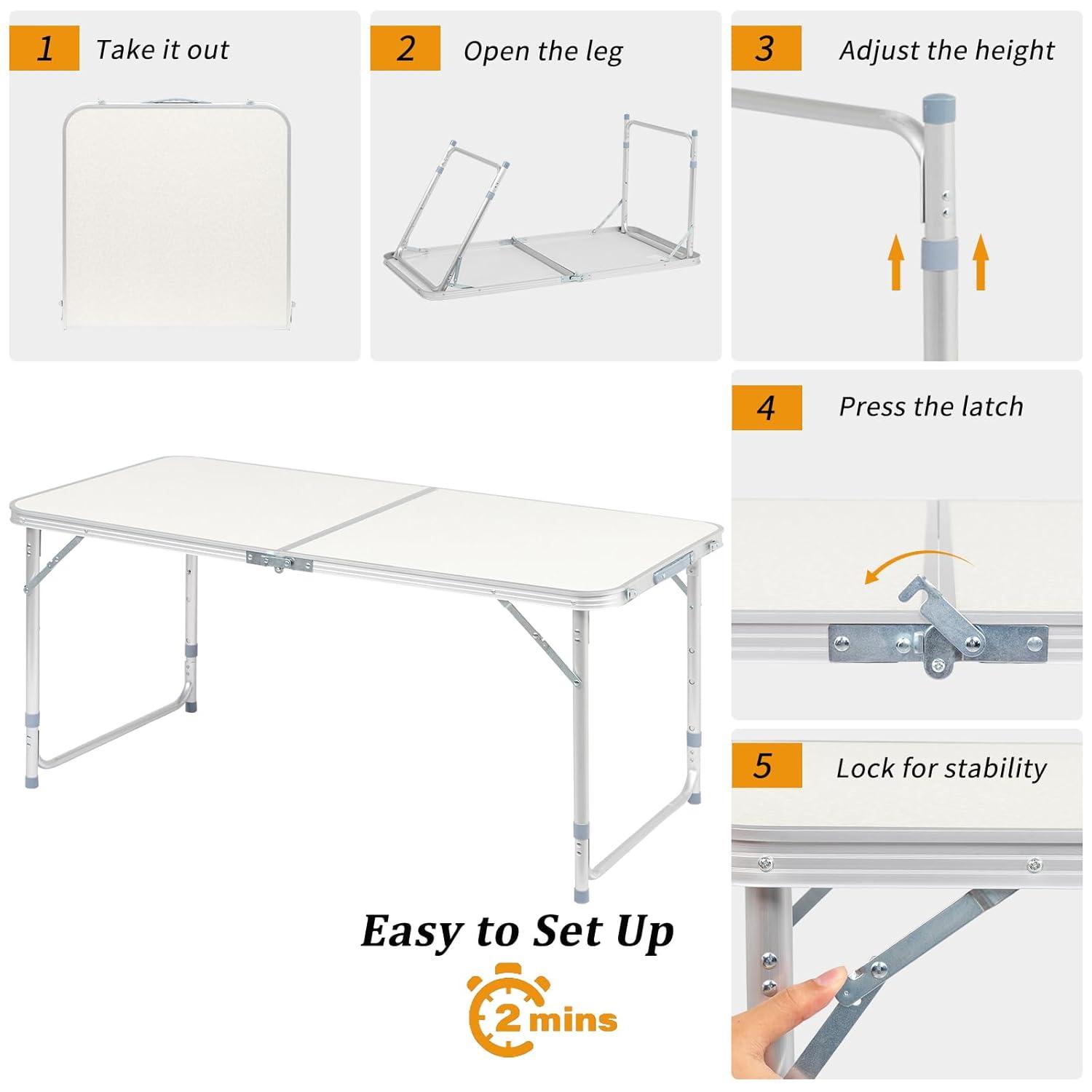4ft White Aluminum Adjustable Folding Camping Table