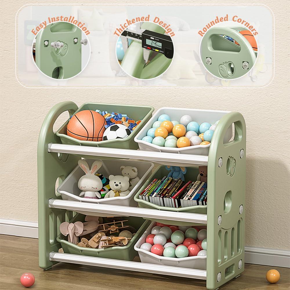 3-Tier Kids Toy Storage Organizer Shelf, Child Storage Cabinet with 6 Plastic Bins, Multi-Functional Nursery Storage Rack for Playroom Bedroom Living Room, Green