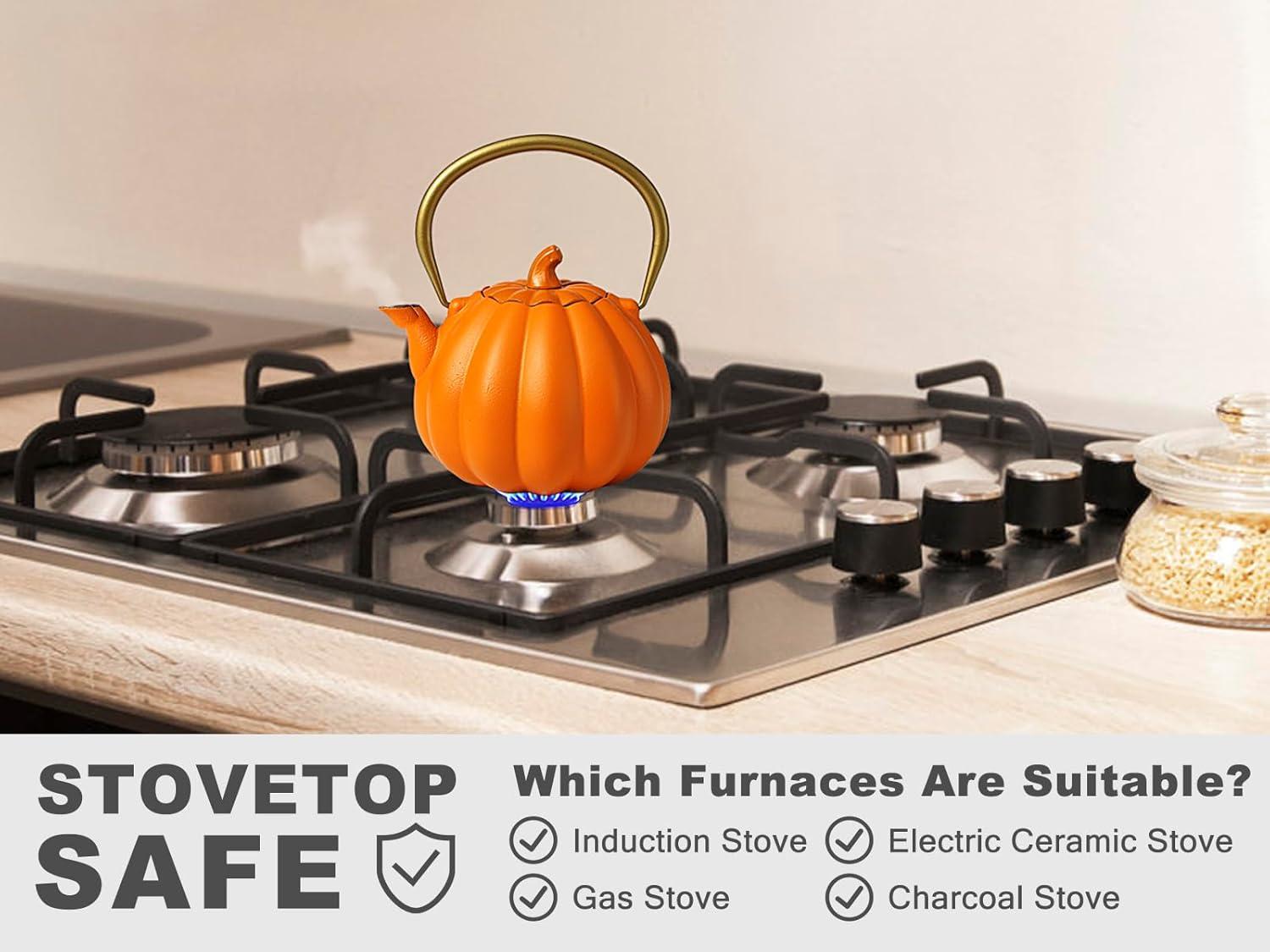 Ophelia & Co. Orange Pumpkin Cast Iron Teapot, Natural Pumpkin Color, Japanese Cast Iron Tea Kettle Stovetop Safe With Infuser, Creative Pumpkin Halloween Teapot(40Oz/1200Ml, Orange)