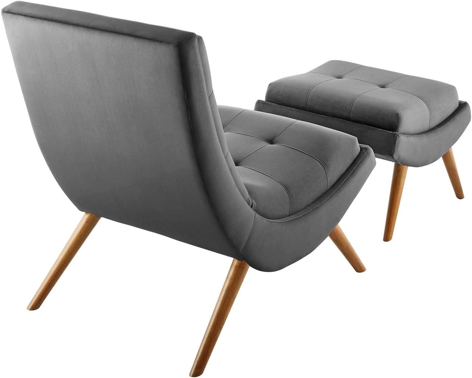 Modway Ramp Performance Velvet Lounge Chair and Ottoman Set in Gray