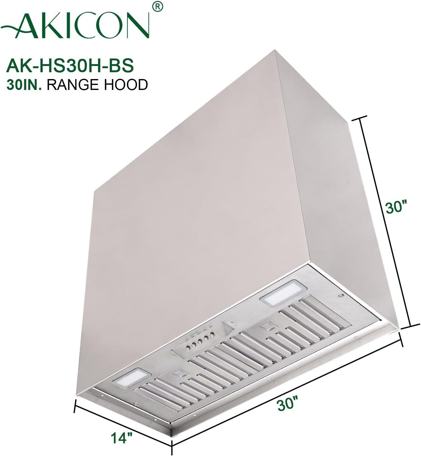 Akicon Stainless Steel Range Hood, Modern Box Kitchen Hood with Powerful Vent Motor, Wall Mount, 30”W*30”H*14D, Brushed Stainless