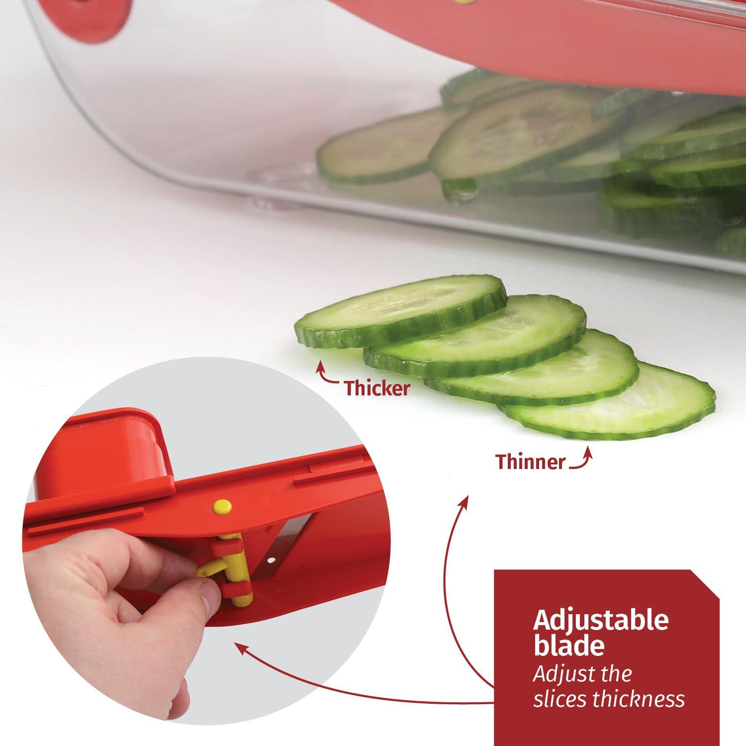 Small Mandoline Slicer – Portable Vegetable Slicer for Kitchen, Travel, On The Go – Adjustable thickness mandoline Slicer Food Cutter with Container All-in-1 Compact Vegetable Chopper– with Bowl Red