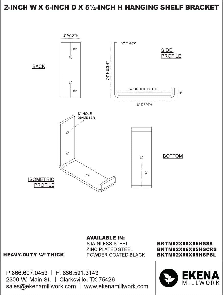 Ekena Millwork 2"W x 6"D x 5 1/2"H Steel Hanging Shelf Bracket, Unfinished