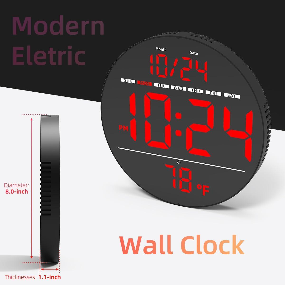 Large Black LED Digital Wall Clock with Temperature Display