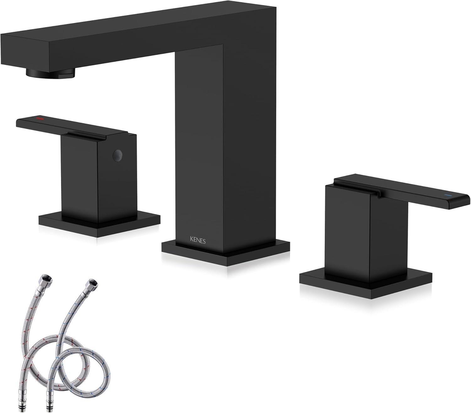 KENES Matte Black Widespread Bathroom Faucet Two Handle Bathroom Sink Faucets Black 3 Hole, 8-Inch 3 Pieces Bathroom Vanity Faucet Lavatory Faucet with Supply Lines, KE-9050-2