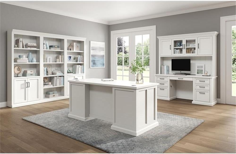 White Wood Executive Desk with Drawers and Power Outlet