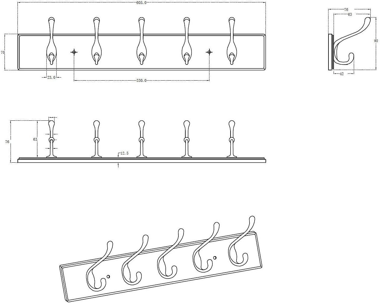 Brushed Nickel and White 24" 5-Hook Wall Rack