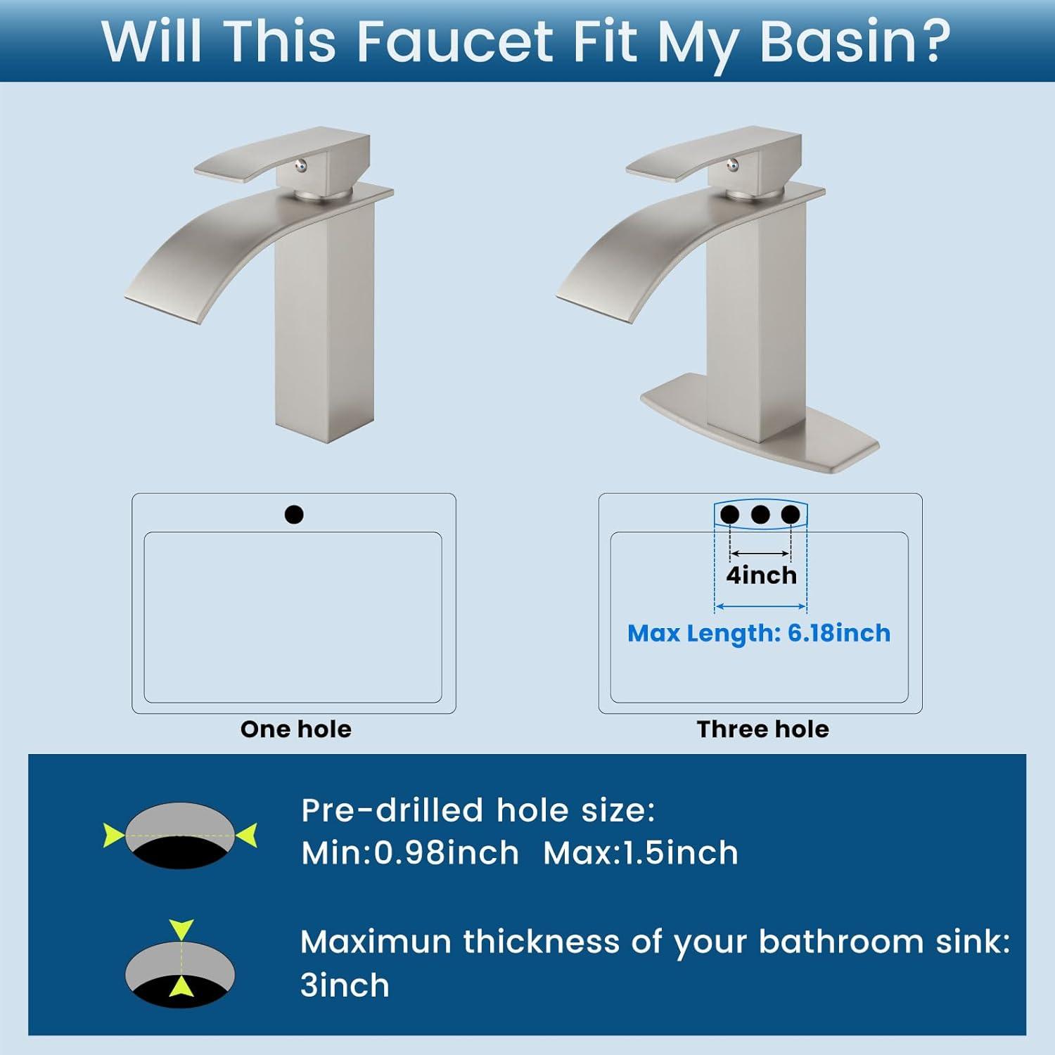 Waterfall Single Handle Bathroom Vanity Sink Faucet with Metal Pop-up Drain, Brushed Nickel Finish