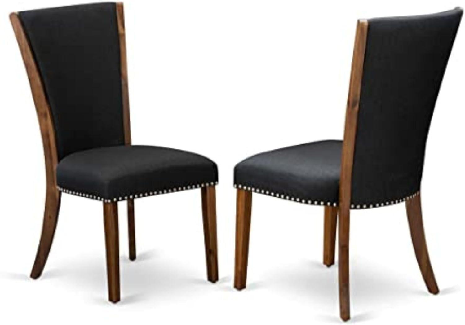 Verona Antique Walnut Wooden Frame Dining Chair with Black Linen Fabric Seat with Nail Head & Stylish Back - Set of 2