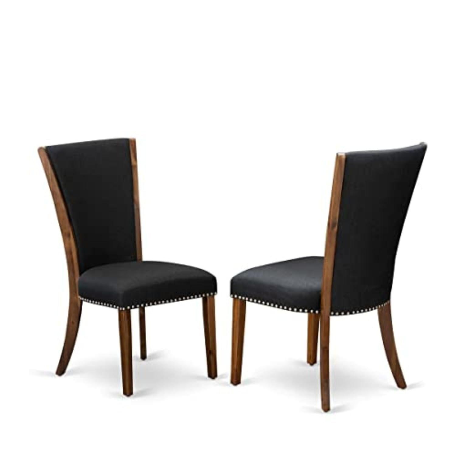 Verona Antique Walnut Wooden Frame Dining Chair with Black Linen Fabric Seat with Nail Head & Stylish Back - Set of 2