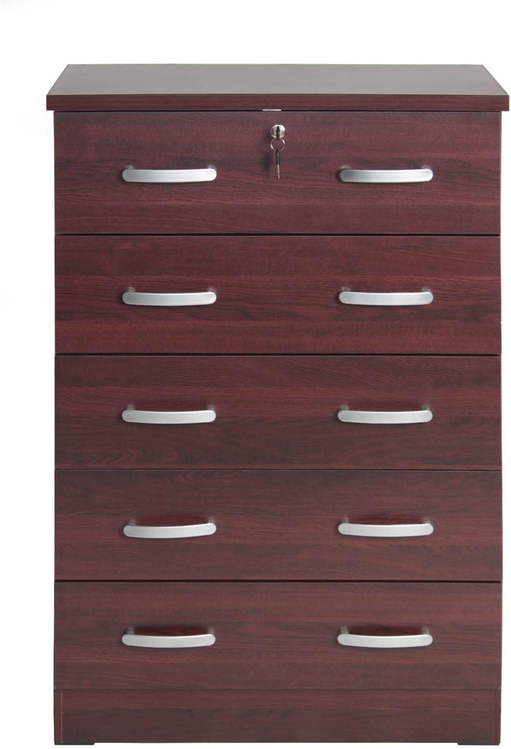 Modern Mahogany 5-Drawer Vertical Nursery Dresser with Lock