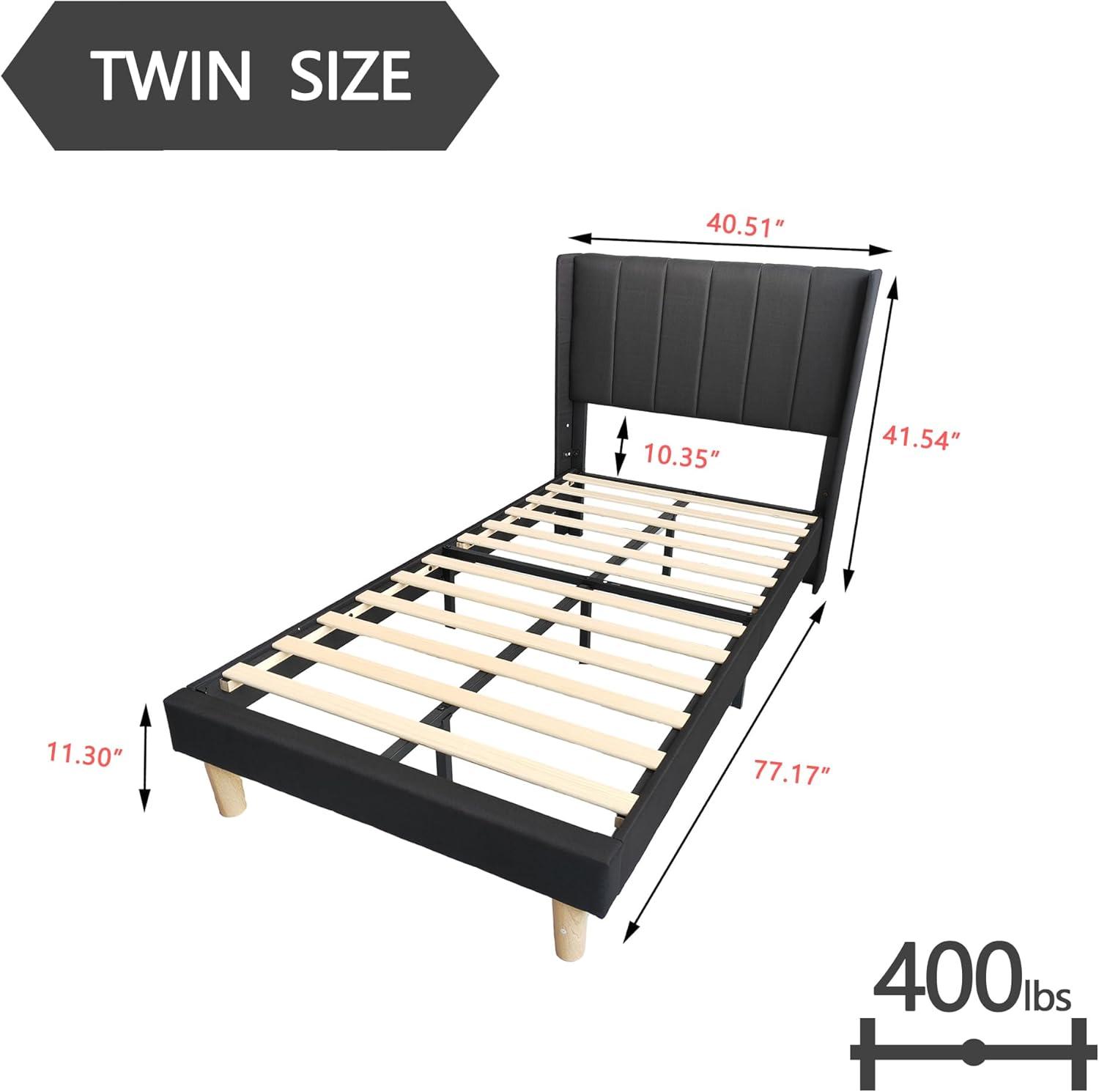 alazyhome Upholstered Platform Twin Size Bed Frame with Headboard Wooden Slats Support No Noise Easy Assembly Black Linen