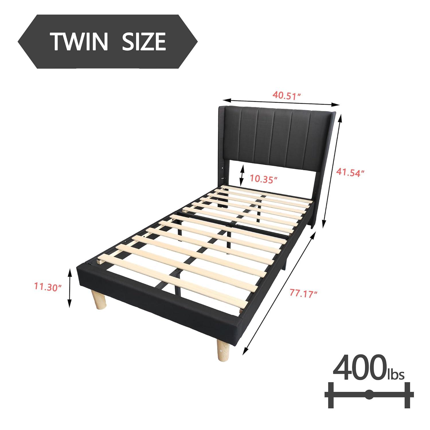 alazyhome Upholstered Platform Twin Size Bed Frame with Headboard Wooden Slats Support No Noise Easy Assembly Black Linen