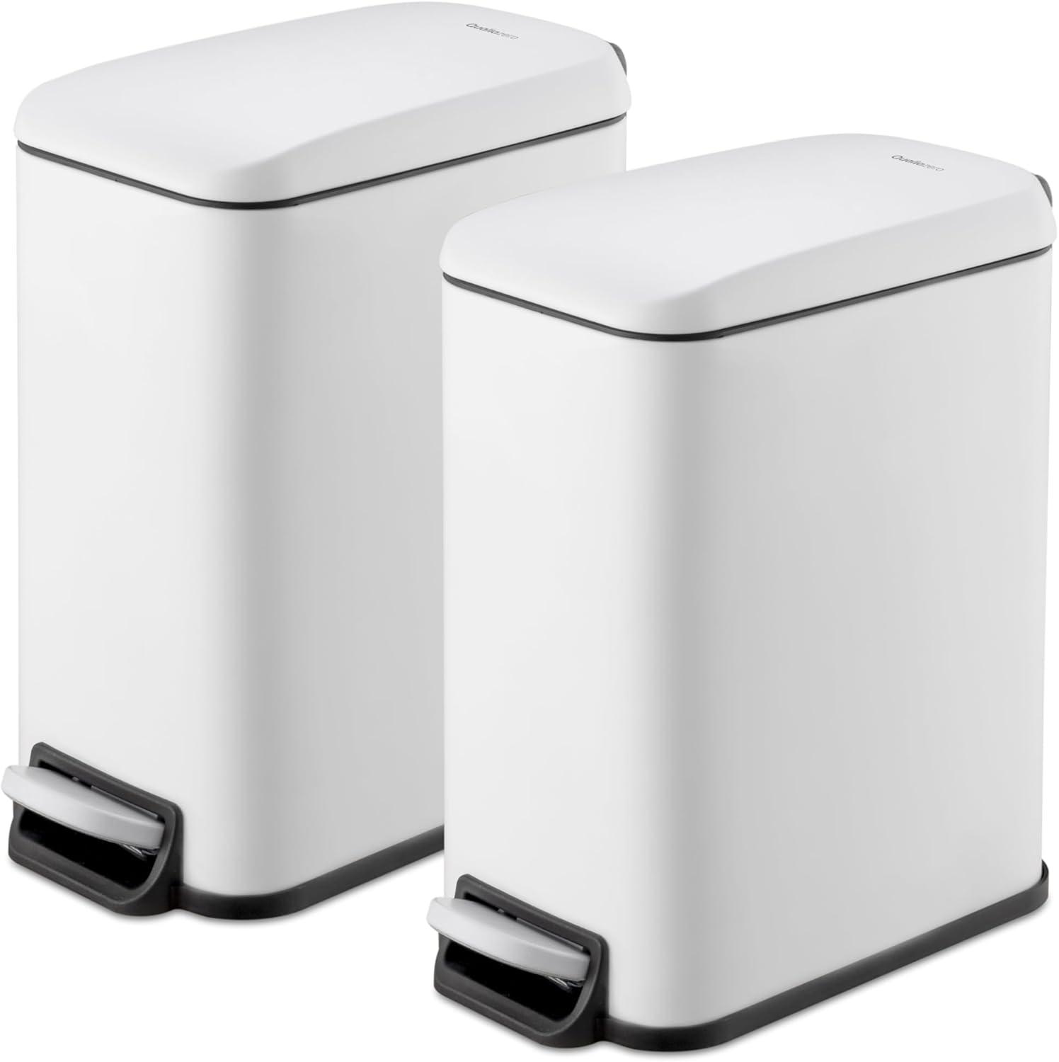 Matte White Stainless Steel Slim Step-On Trash Can Set