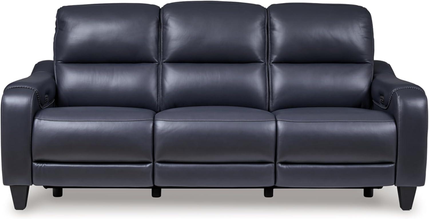 Blue Faux Leather Power Reclining Sofa with Adjustable Headrest