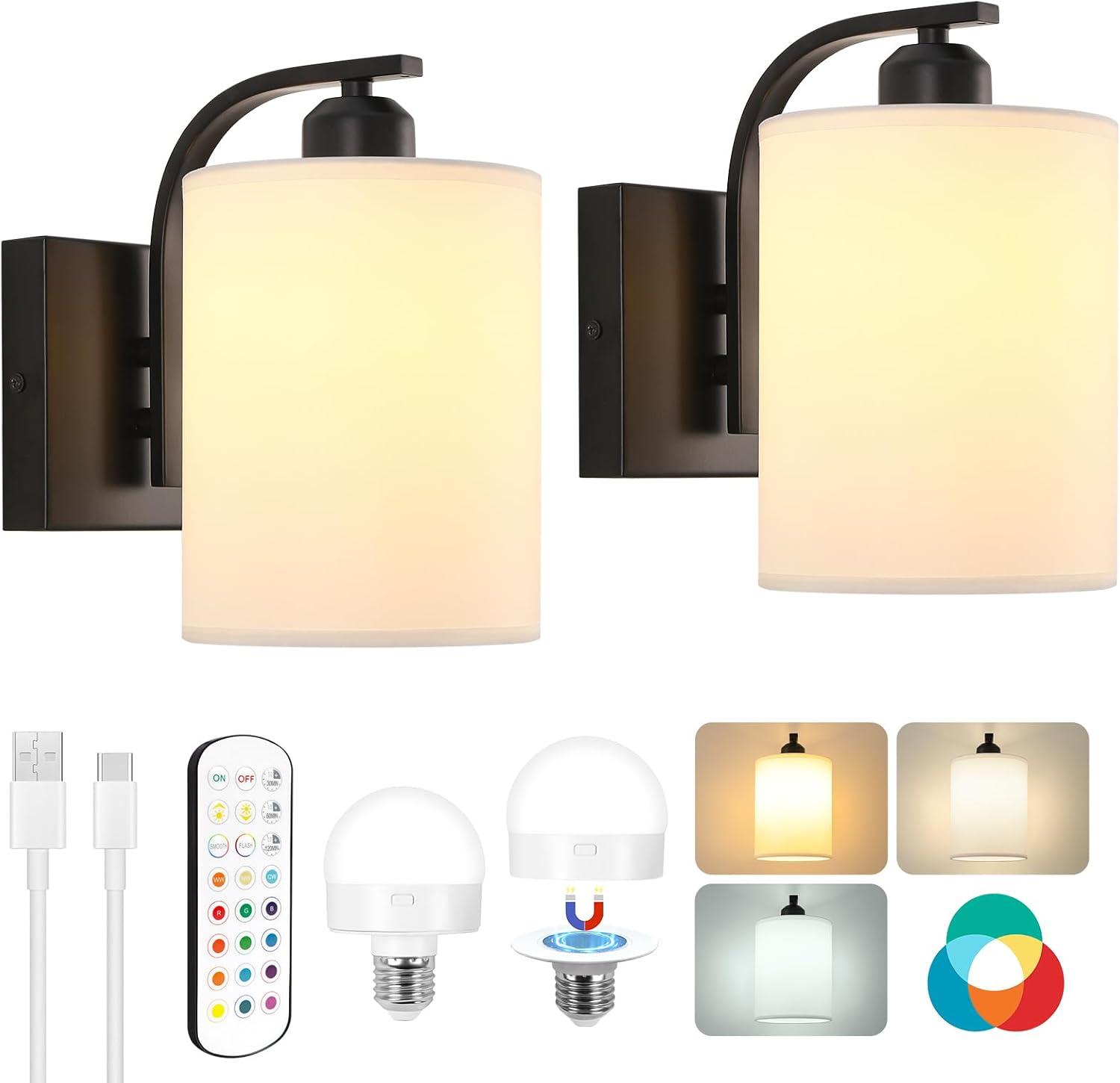 Latitude Run® Battery Operated Wall Sconce Set Of 2, Wireless Rechargeable Wall Lights, Glass Wall Lamps With Remotes And Dimmable RGB LED Bulbs, No Wiring Indoor Sconces Wall Decor For Bedroom Living Room Hallway