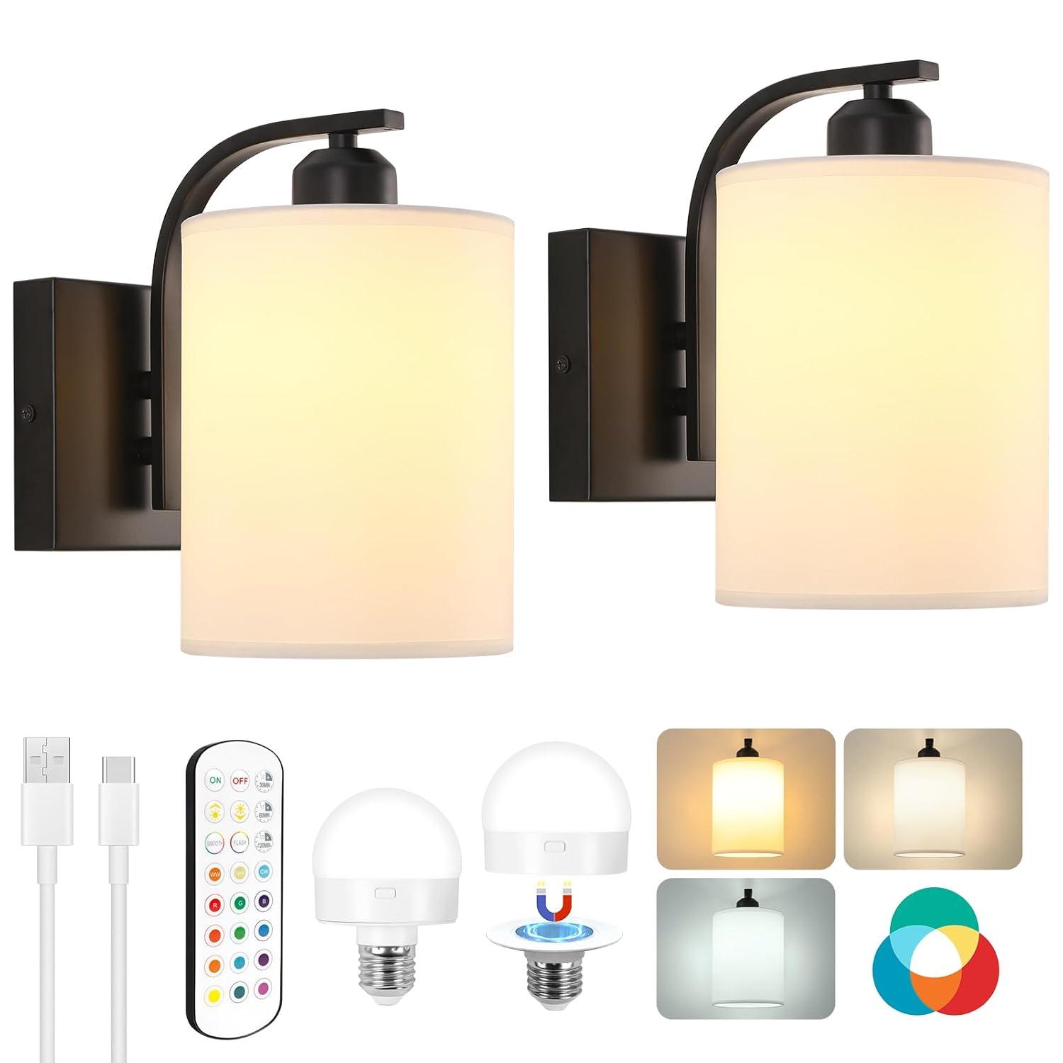 Latitude Run® Battery Operated Wall Sconce Set Of 2, Wireless Rechargeable Wall Lights, Glass Wall Lamps With Remotes And Dimmable RGB LED Bulbs, No Wiring Indoor Sconces Wall Decor For Bedroom Living Room Hallway