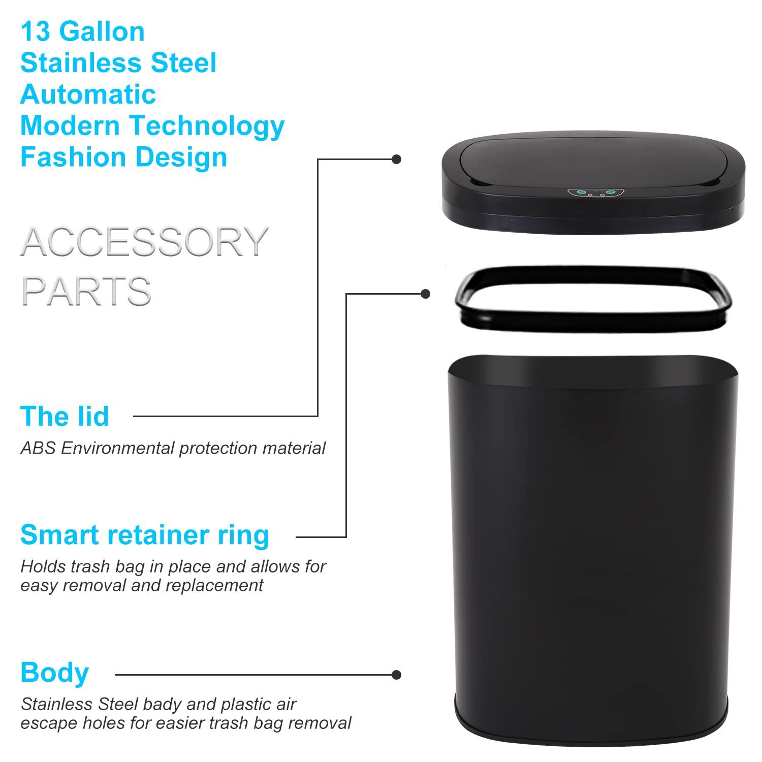 FDW Kitchen Trash Can with Lid, 13 Gallon Automatic Garbage Can for Bathroom Bedroom Home Office 50 Liter Touch Free Stainless Steel Waste Bin,Black