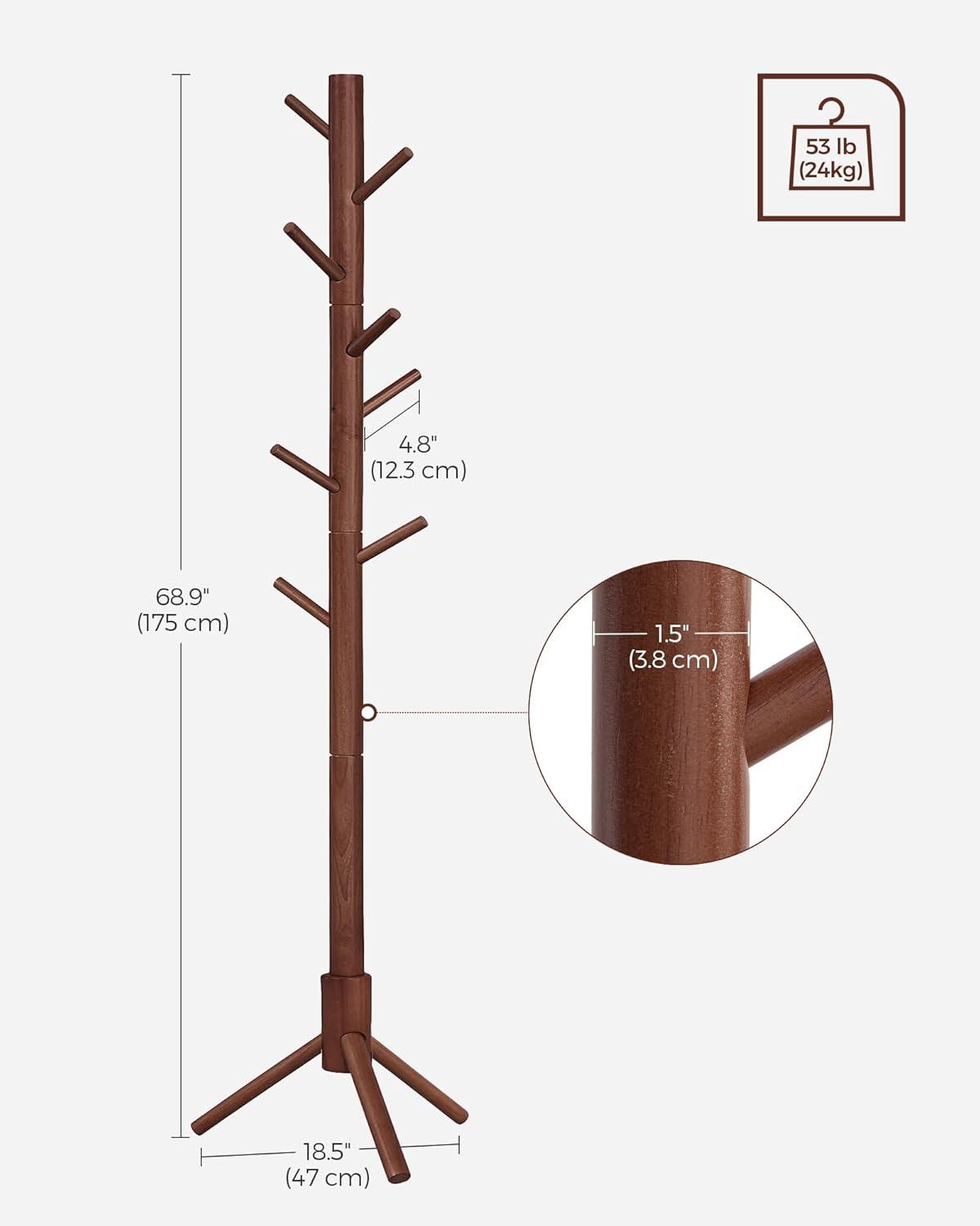 VASAGLE Coat Rack Solid Wood Free Standing Coat Rack Tree-Shaped Coat Rack with 8 Hooks for Clothes Hats Bags for Living Room Bedroom Dark Walnut