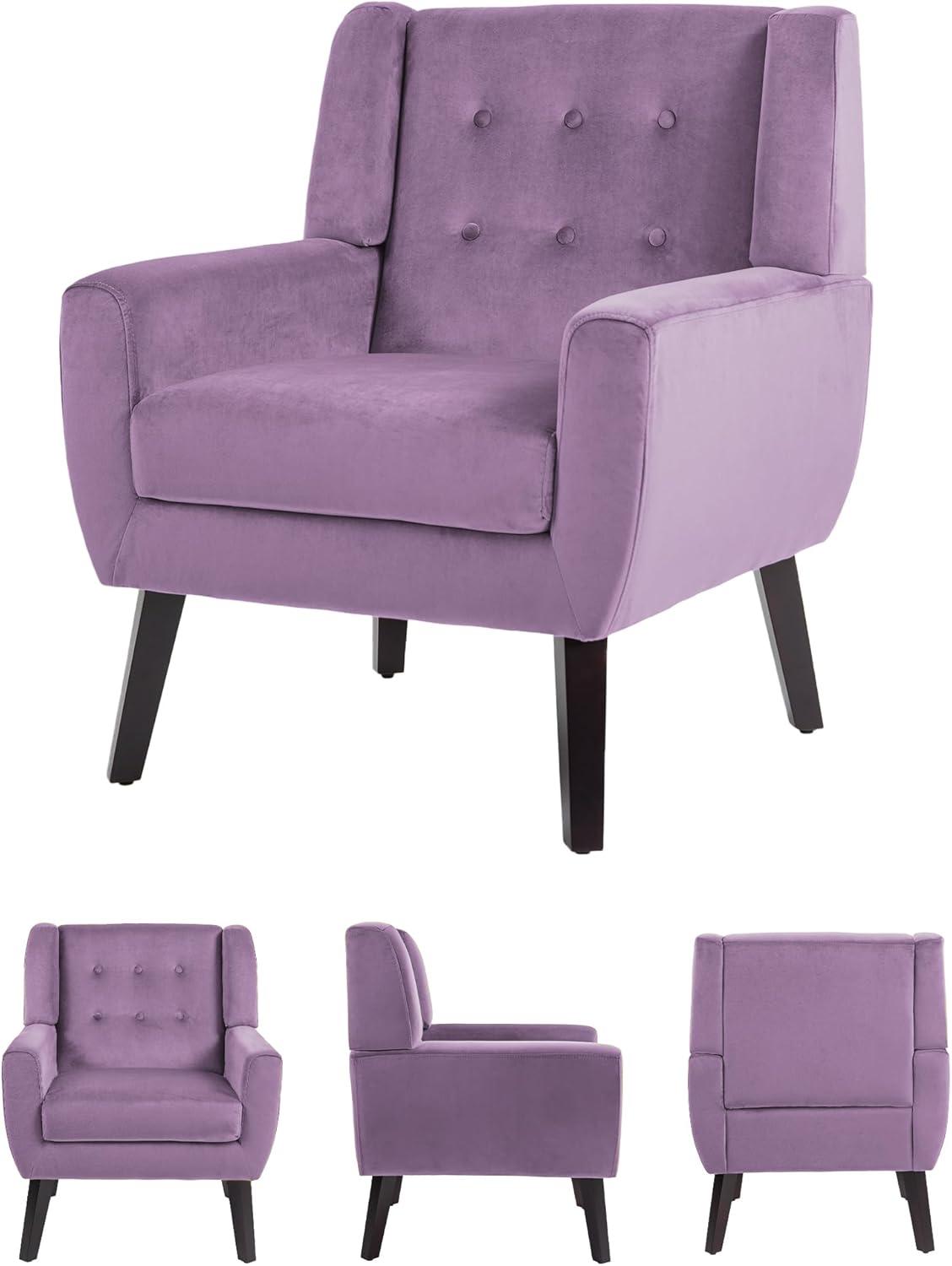 Mid-Century Modern Purple Velvet Accent Chair with Wood Legs