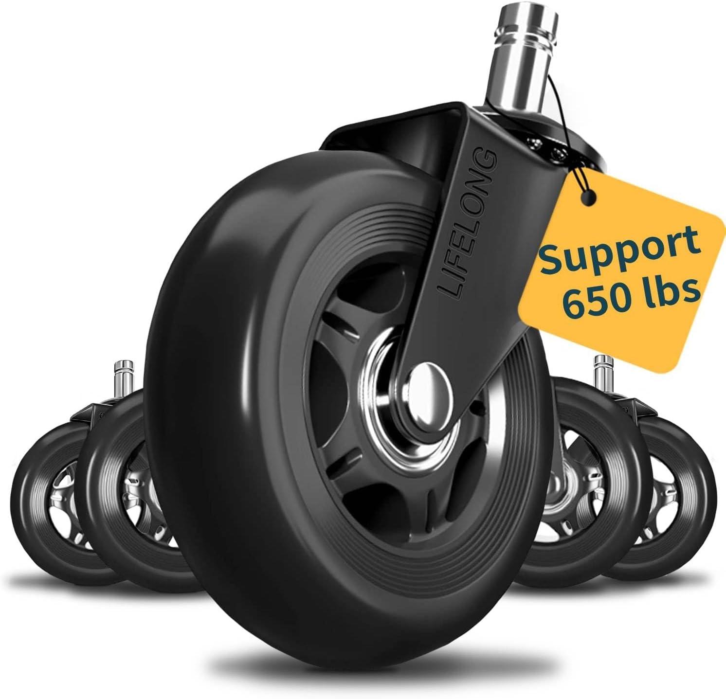 Lifelong Office Chair Caster Wheels for Hardwood Floors and Carpet, Heavy Duty, Universal Fit - Black