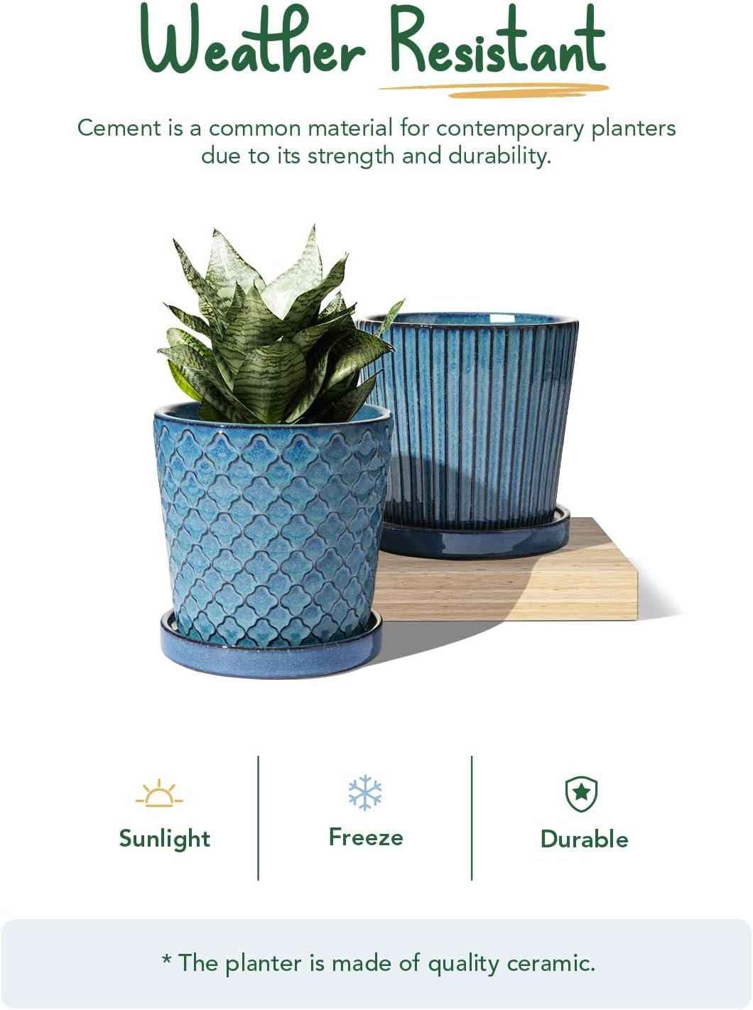 BEMAY 5.5" Plant Pots, Ceramic Indoor Planters with Drainage and Tray, Set of 2 Flower Pots for Succulent,Plants, Reactive Glaze Blue