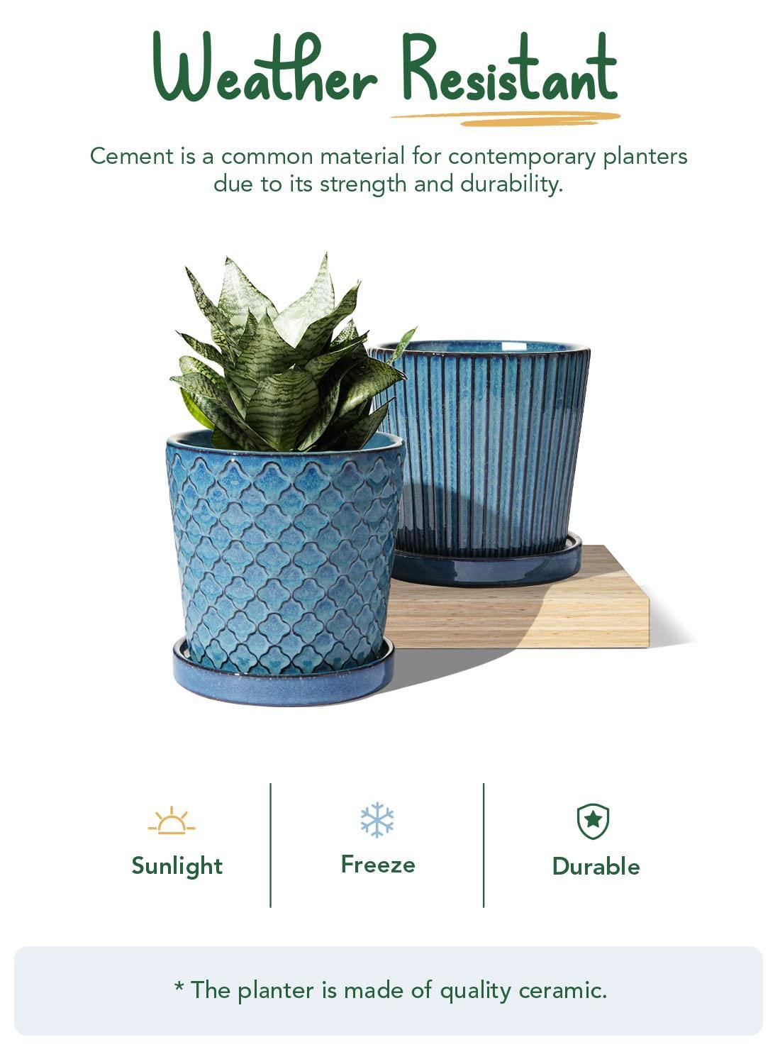 BEMAY 5.5" Plant Pots, Ceramic Indoor Planters with Drainage and Tray, Set of 2 Flower Pots for Succulent,Plants, Reactive Glaze Blue