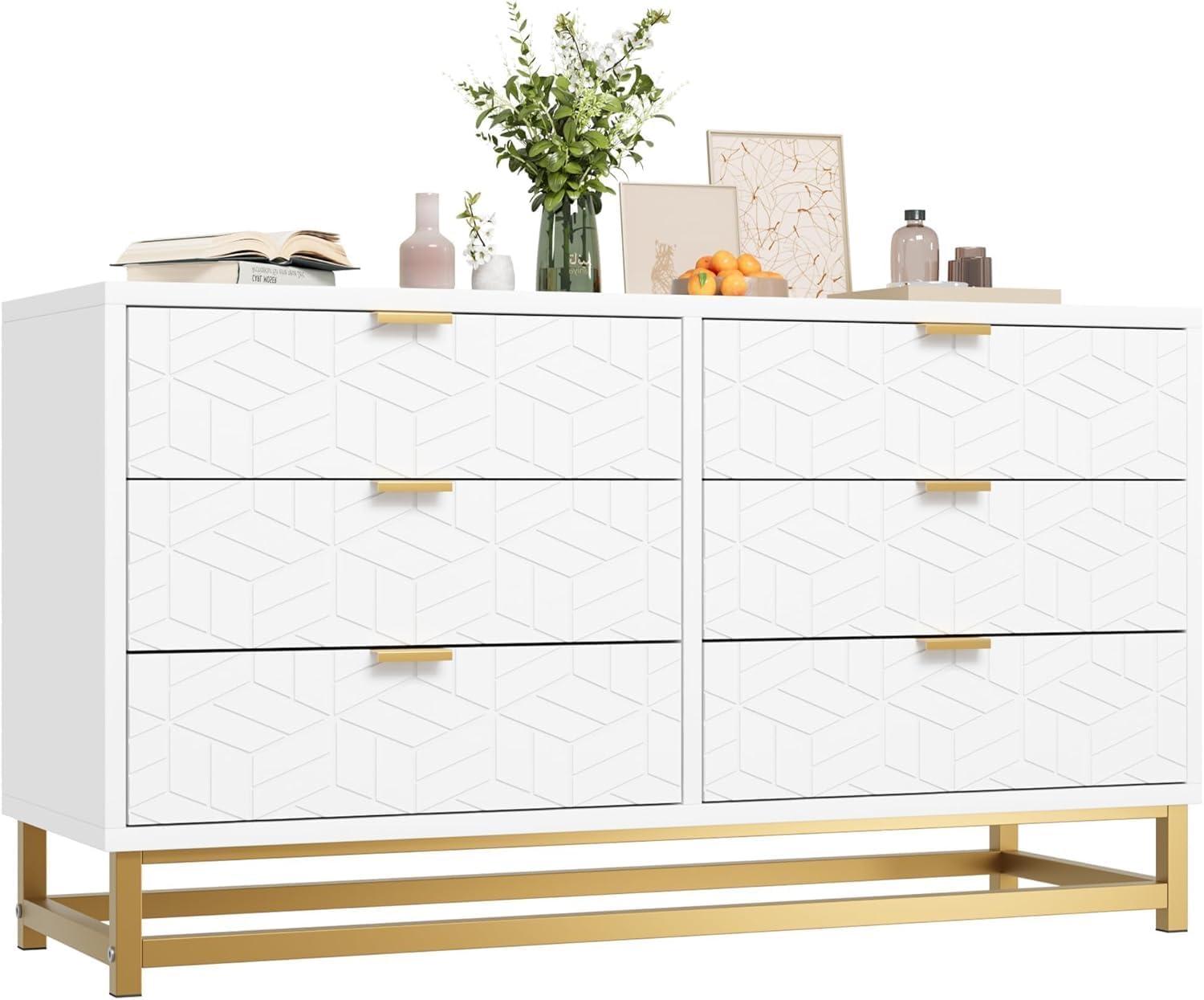 6-Drawer Dresser for Bedroom – Modern Chest of Drawers with Gold Metal Base, Large Storage Cabinet for Closet, Hallway, and Living Room