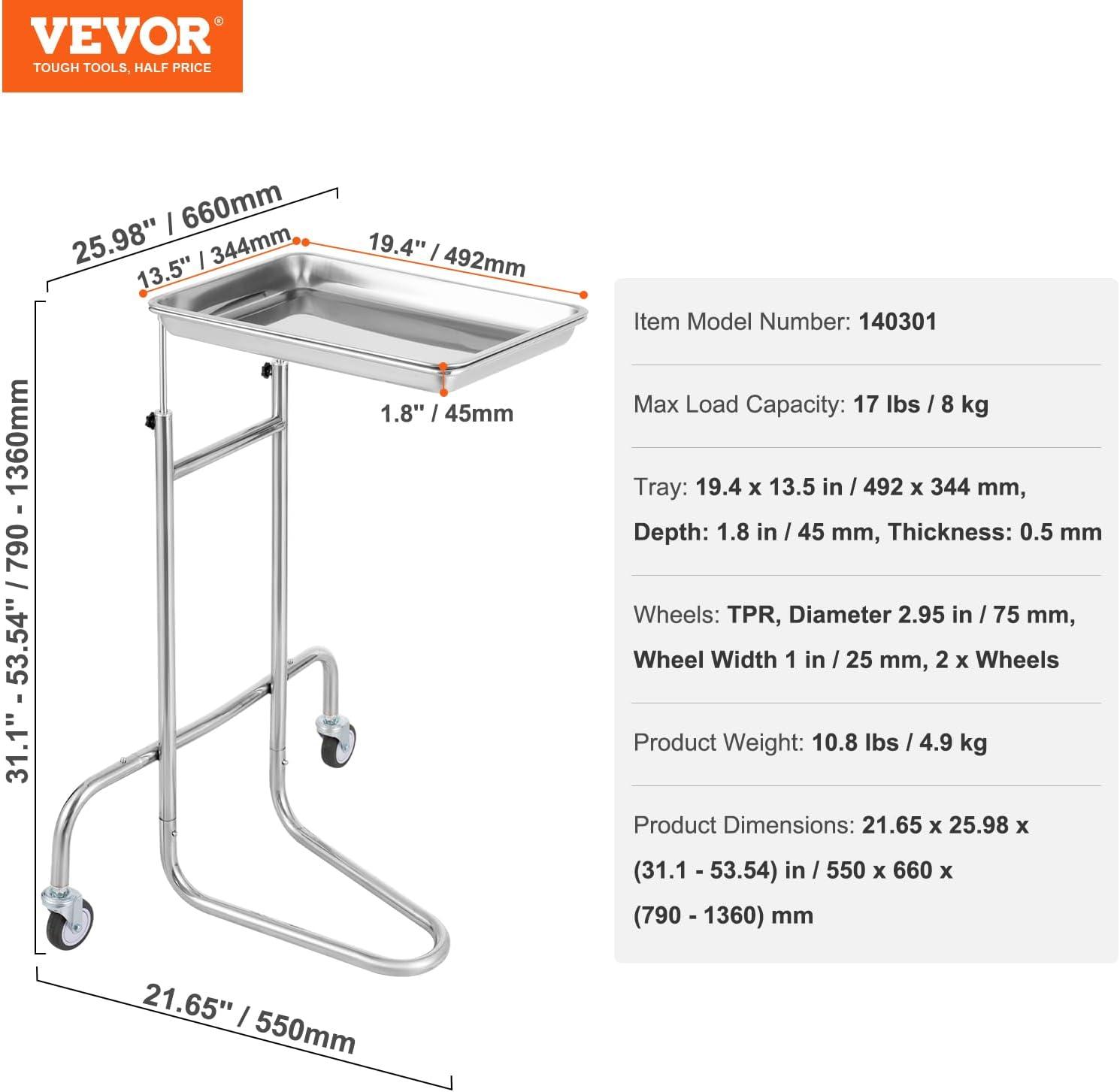 VEVOR Lab Rolling Cart, 2-Shelf Stainless Steel Rolling Cart, Lab Serving Cart with Swivel Casters, Dental Utility Cart for Clinic, Lab, Hospital, Salon, 15.16"x21.57"x34.06"