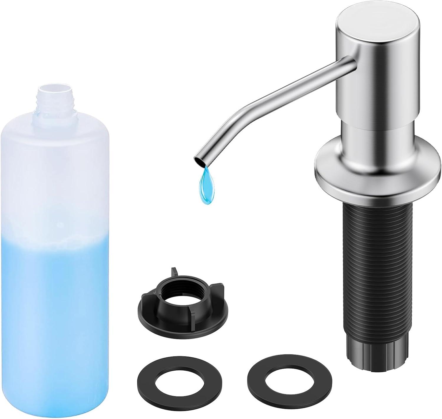 FORIOUS Brushed Nickel Soap Dispenser for Kitchen Sink with 500ML/18OZ Bottle, Lotion Dispenser Built in Refill from The Top for Countertop Sink