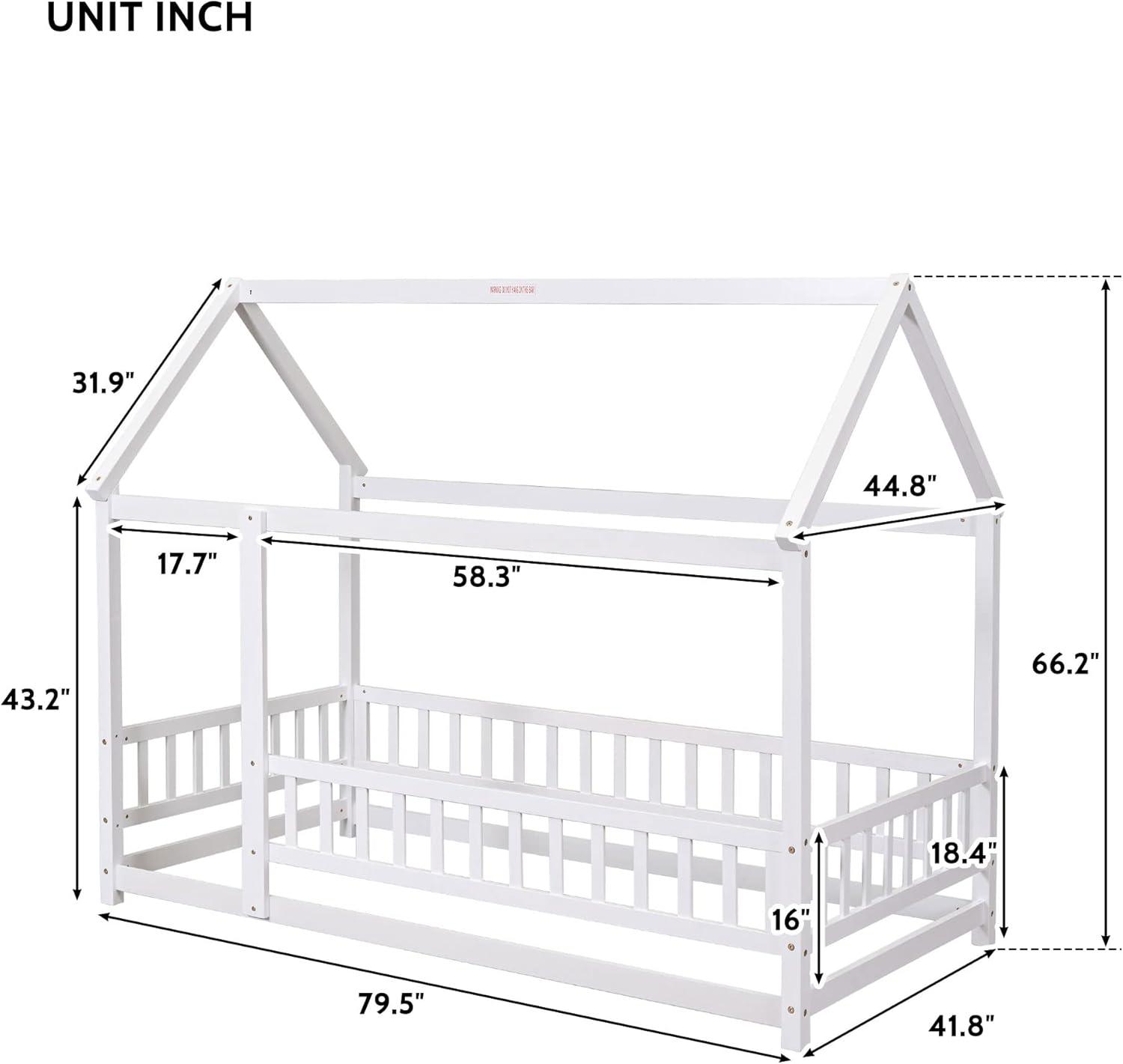 White Twin Size Pine Wood House Bed with Guardrails