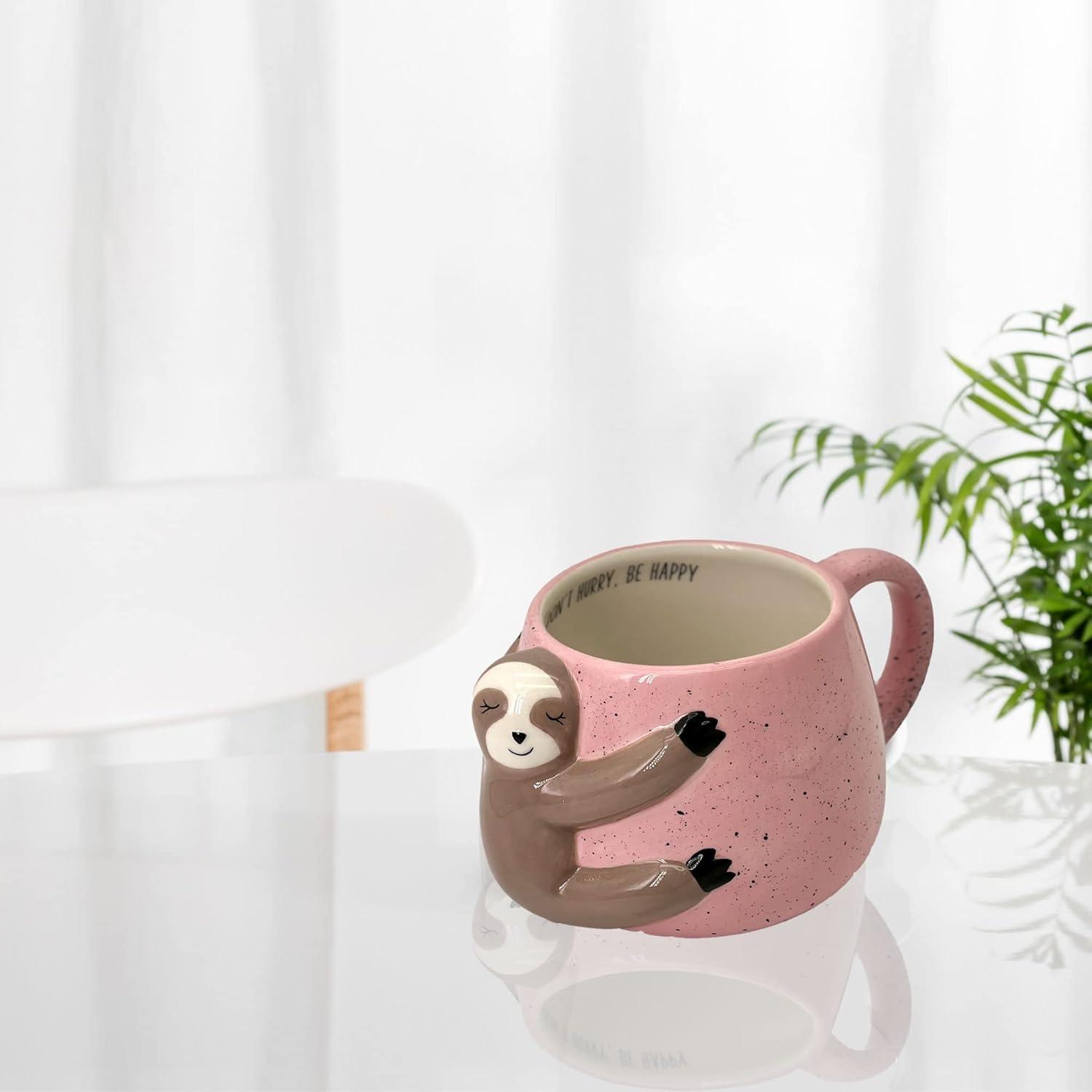 Pink Ceramic Sloth Shaped Coffee Mug with Printed Saying