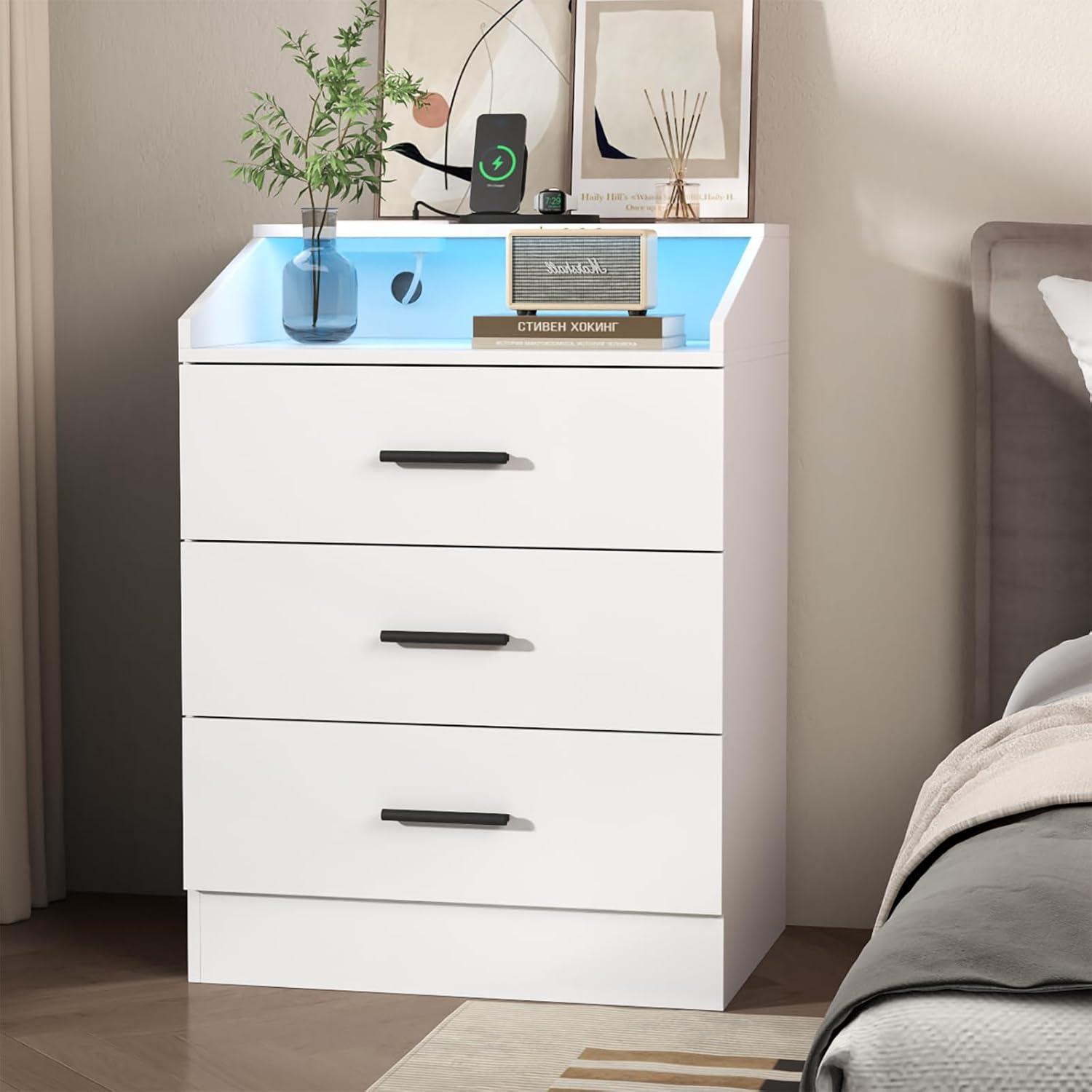 DJ503079_2 Nightstand with Charging Station and LED Lights 3 Drawers White