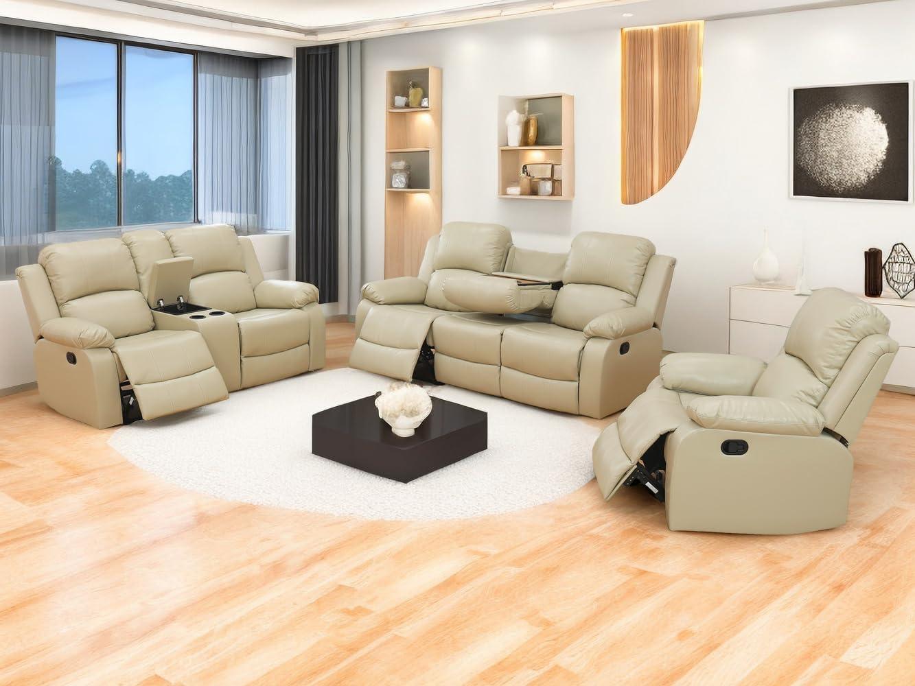 Beige Faux Leather 3-Piece Reclining Sofa Set with Cup Holders