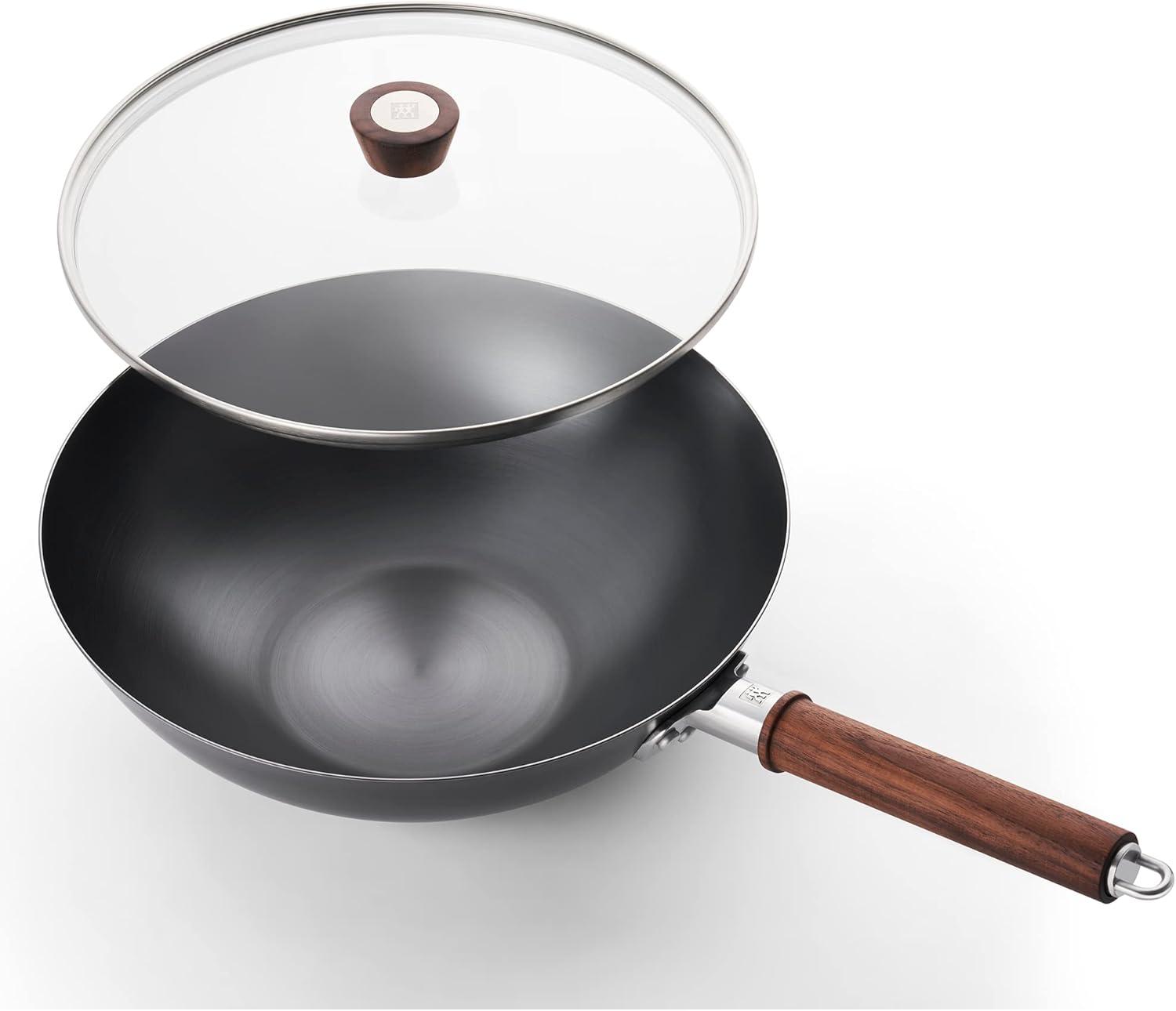 Zwilling 12-Inch Black Carbon Steel Wok with Walnut Handle