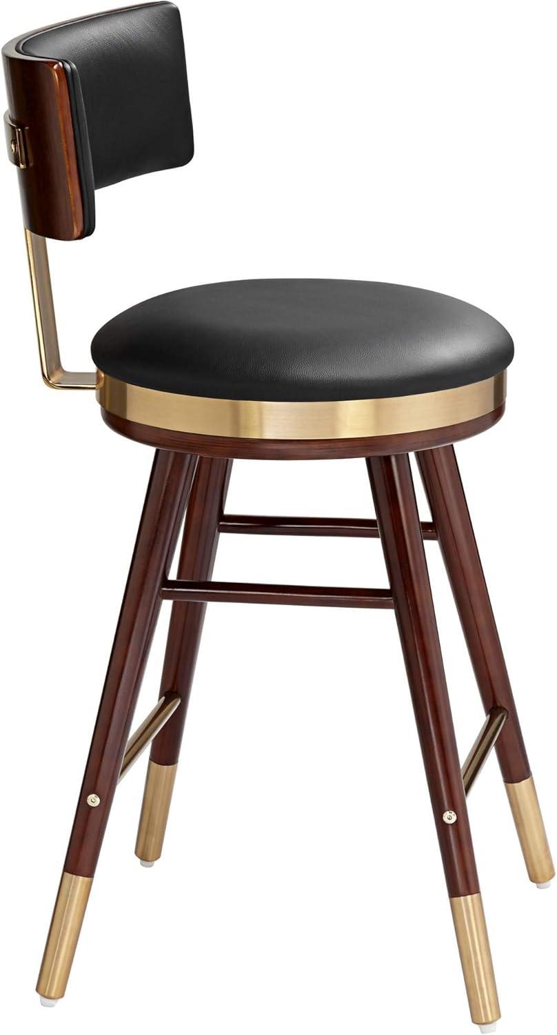 Studio 55D Walnut Bar Stool Brown 25 1/2" High Mid Century Black Leather with Backrest for Kitchen Counter Height Island