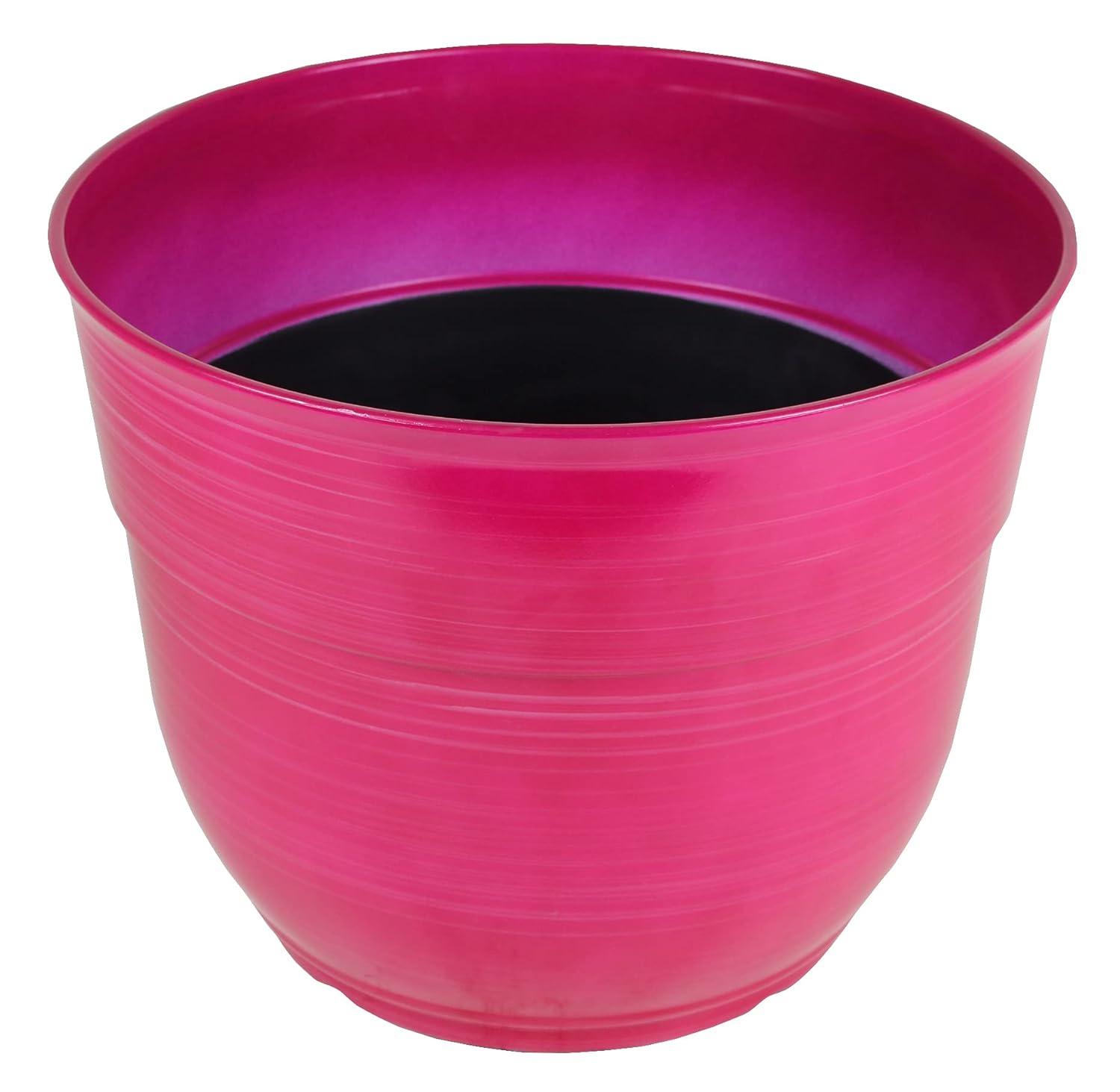 Garden Elements Indoor/Outdoor Glazed Brushed Happy Plastic Planter, Large, Bright Pink, 15"