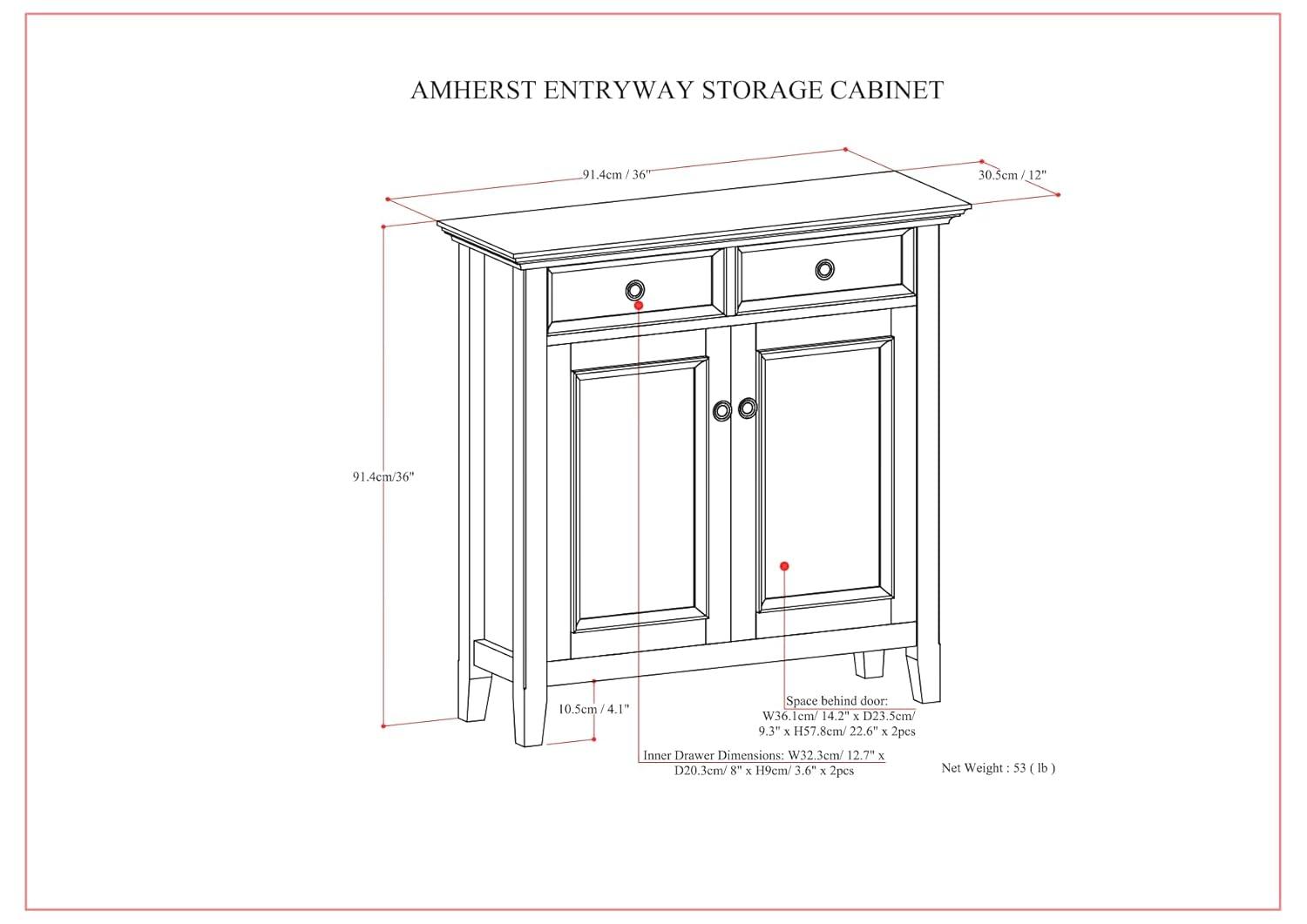 Simpli Home Amherst 36"W Solid Wood 2-Shelf Entryway Storage Cabinet with 2 Drawers and Adjustable Shelves