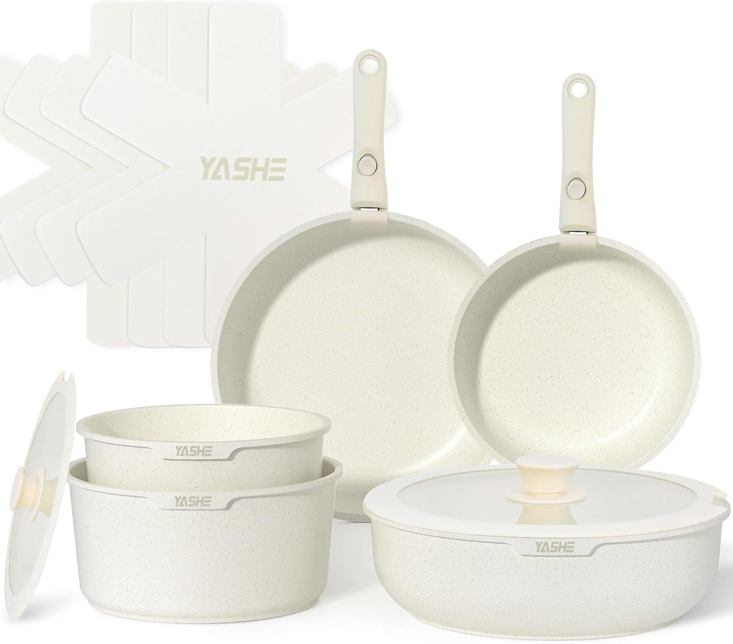 YASHE 13-Pieces Pots and Pans Set Non Stick, Ceramic Kitchen Cookware Set, Detachable Dandle Pots and Pans with Pan Protectors