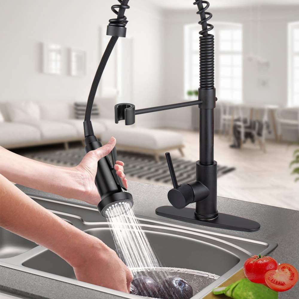 Matte Black Kitchen Faucet with Pull Down Sprayer, 3-Function Spring Swivel Kitchen Sink Brass Single Handle Single Hole Kitchen Mixer Tap for Hot and Cold Water