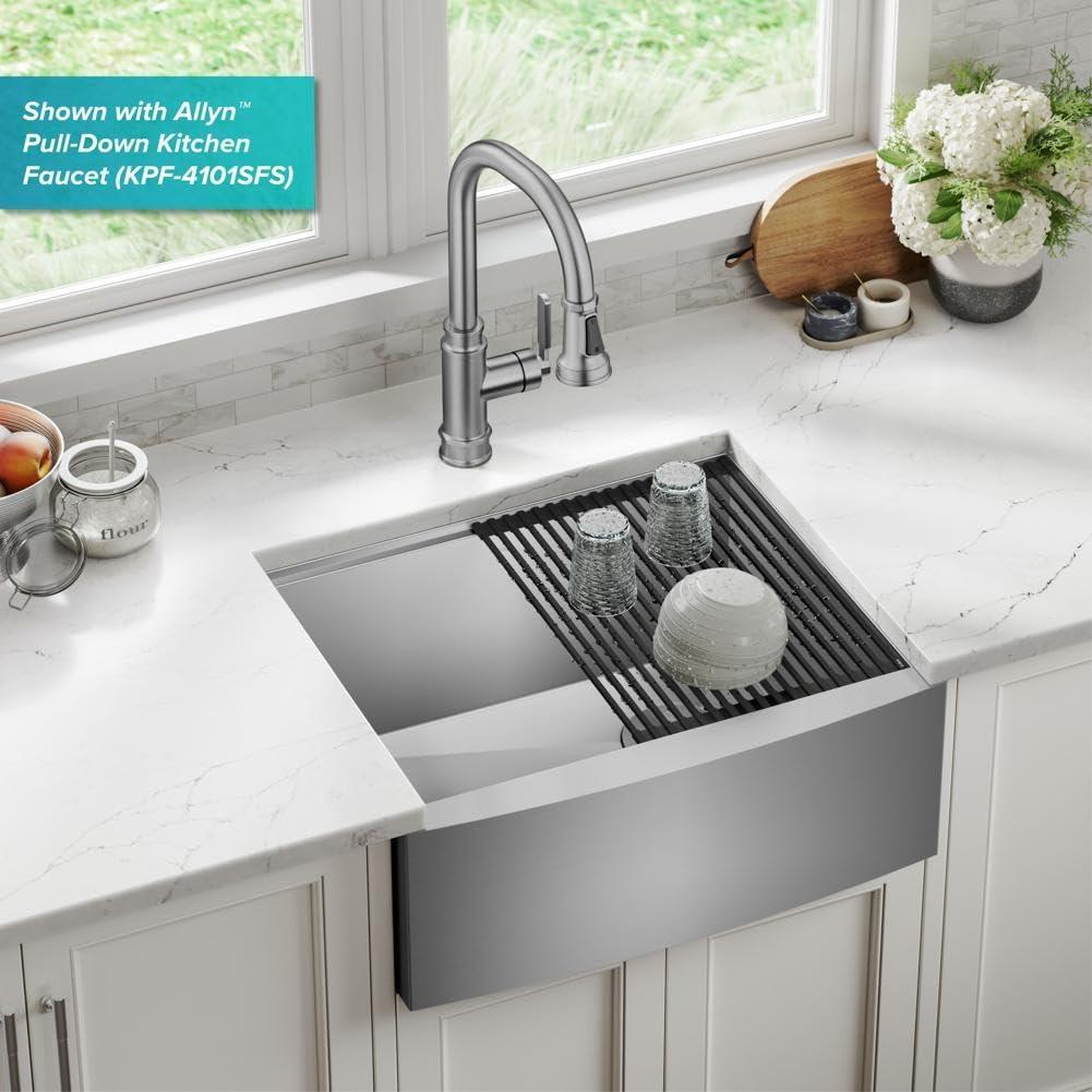 KRAUS Kore™ 24" L Farmhouse Apron Front Workstation 16 Gauge Stainless Steel Single Bowl Kitchen Sink with Accessories