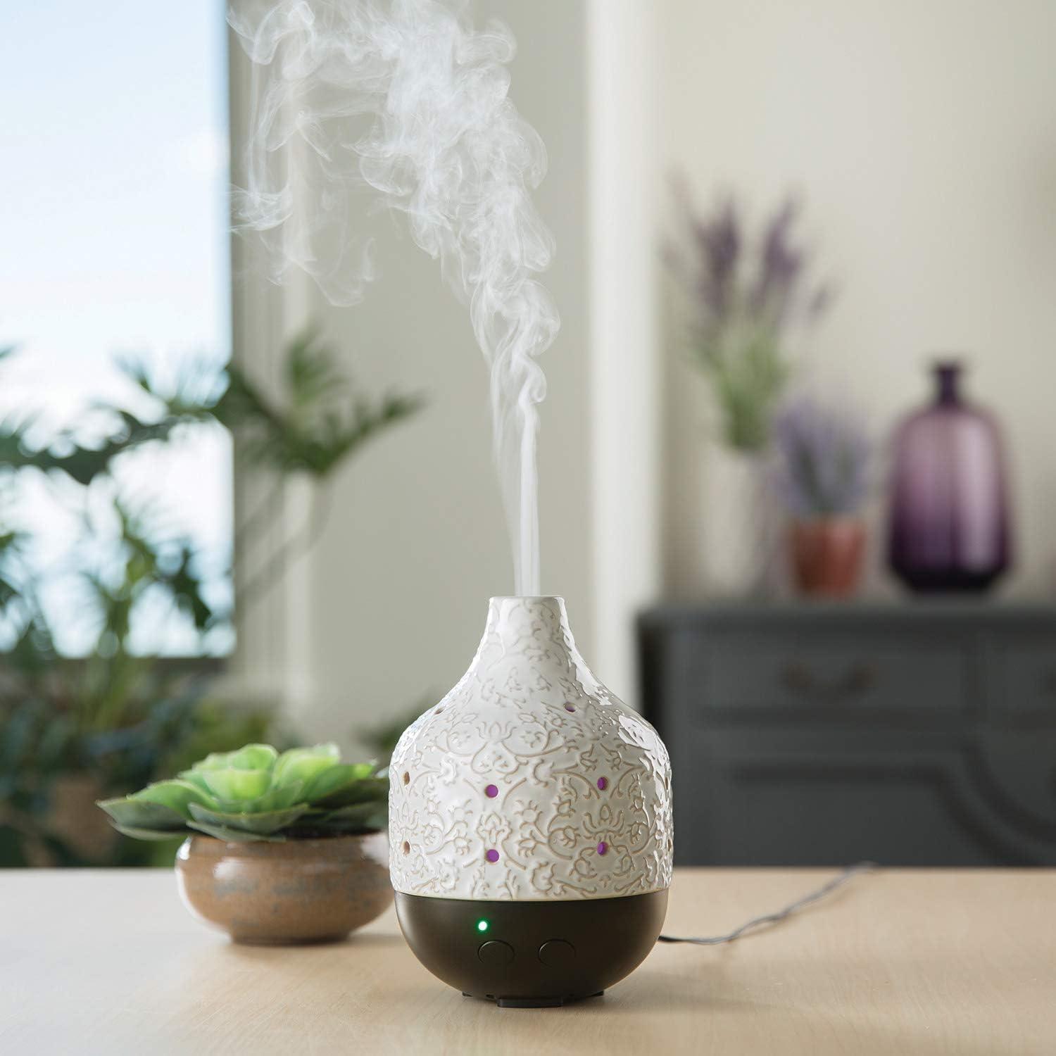 Airome Botanical Large Ceramic Essential Oil Diffuser250 mL Humidifying Ultrasonic Aromatherapy Diffuser 8 Colorful LED Lights, Up to 24 Hours Intermittent & Continual Mist with Auto Shut-Off, White