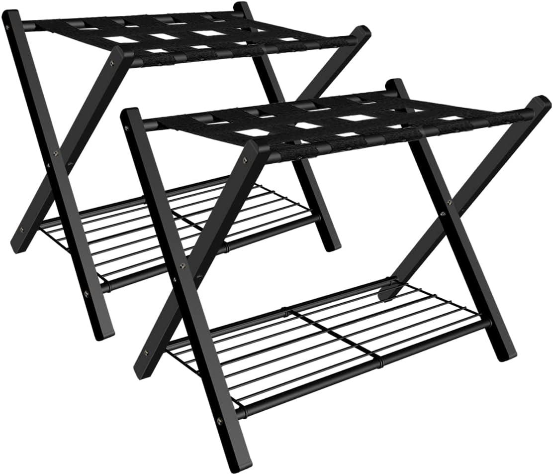 Black Steel Folding Luggage Rack with Storage Shelf, Set of 2