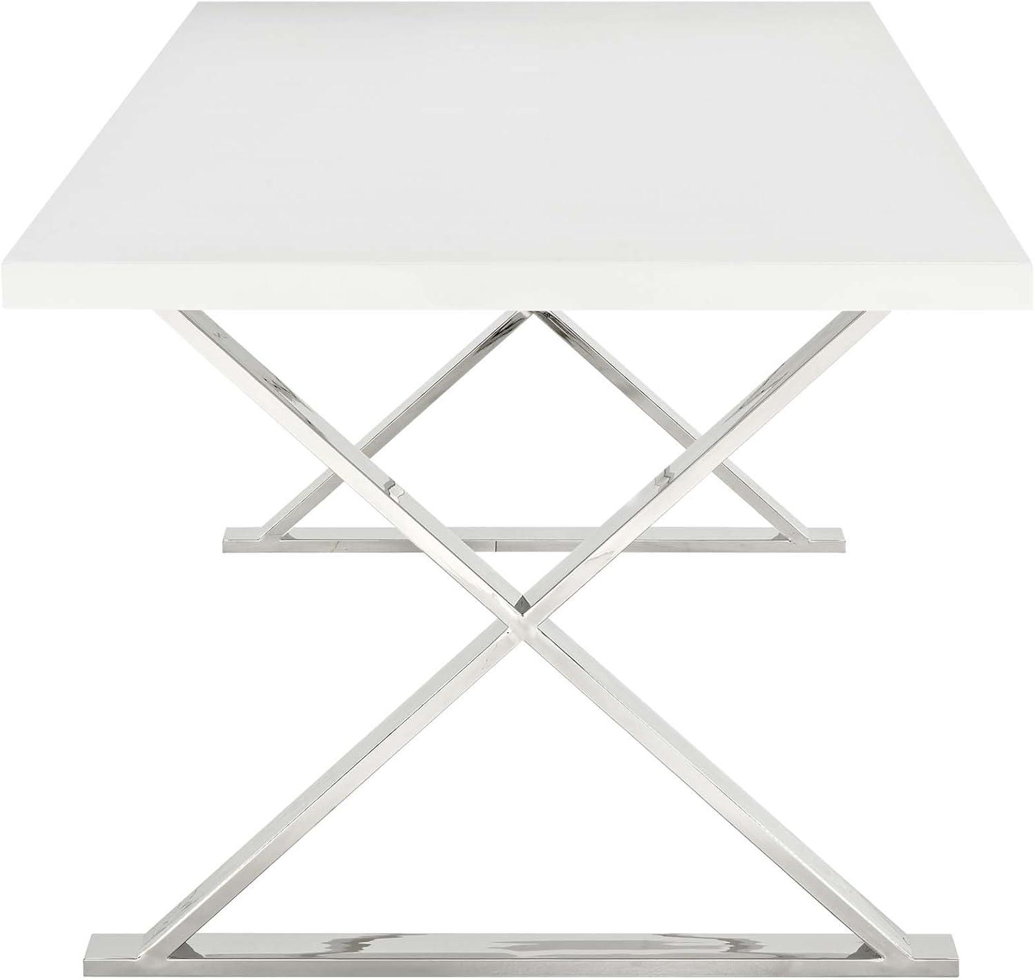 Modway Sector 87" Wood & Stainless Steel Cross Base Dining Table in White/Silver