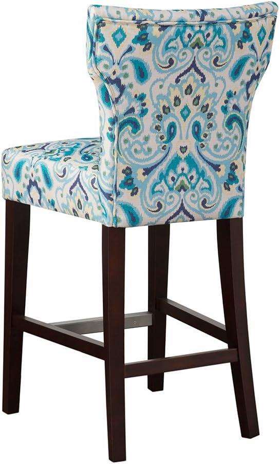 25" Saffron Tufted Back Counter Height Barstool Blue/Yellow: Espresso Wood Legs, Padded Seat