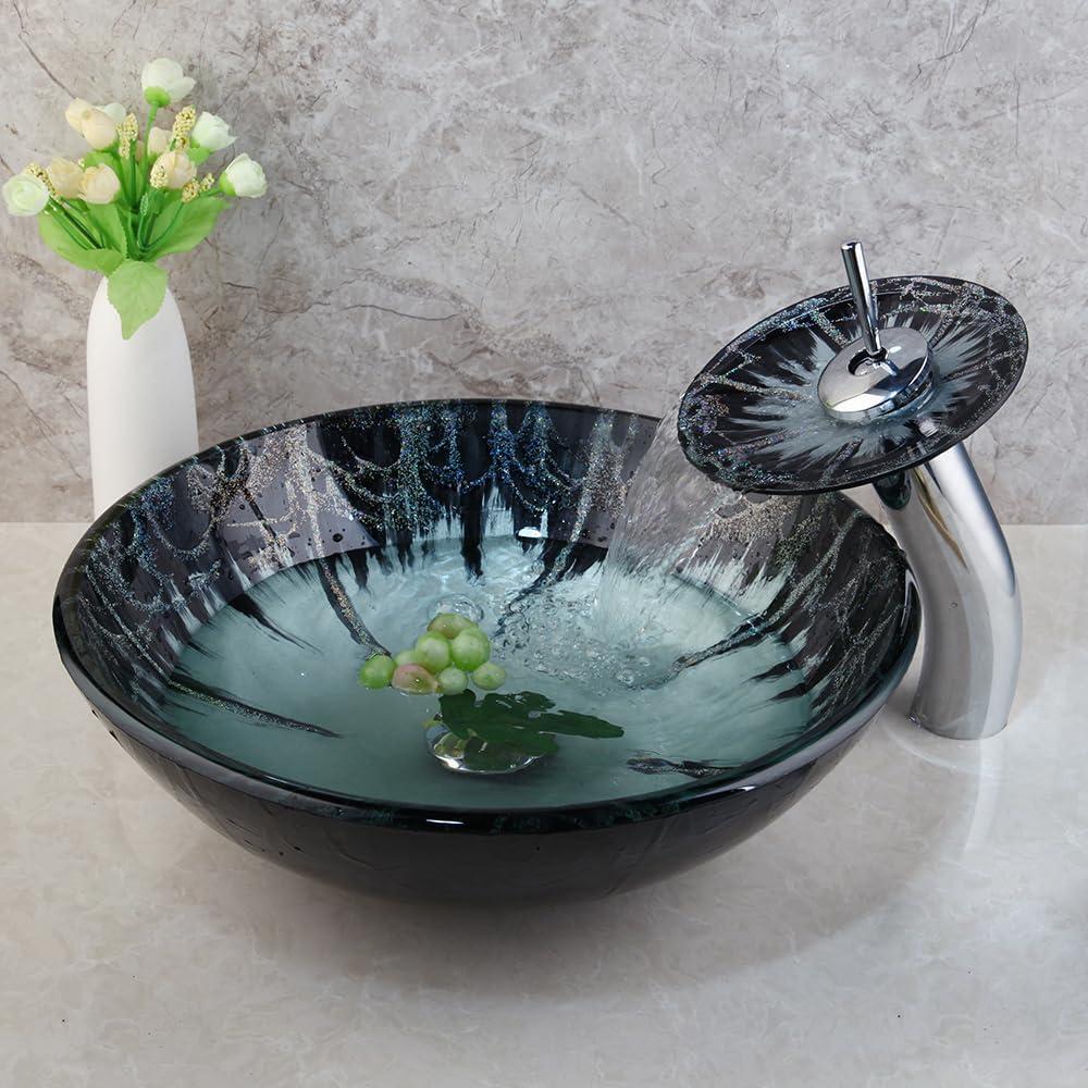 Green Glass Vessel Sink With Faucet And Pop-Up Drain Combo 17 Inch Round Tempered Glass Basin Bathroom Bowl Sinks Above Counter Sink Bowls For Small Vanities Top Mount Easy Installation